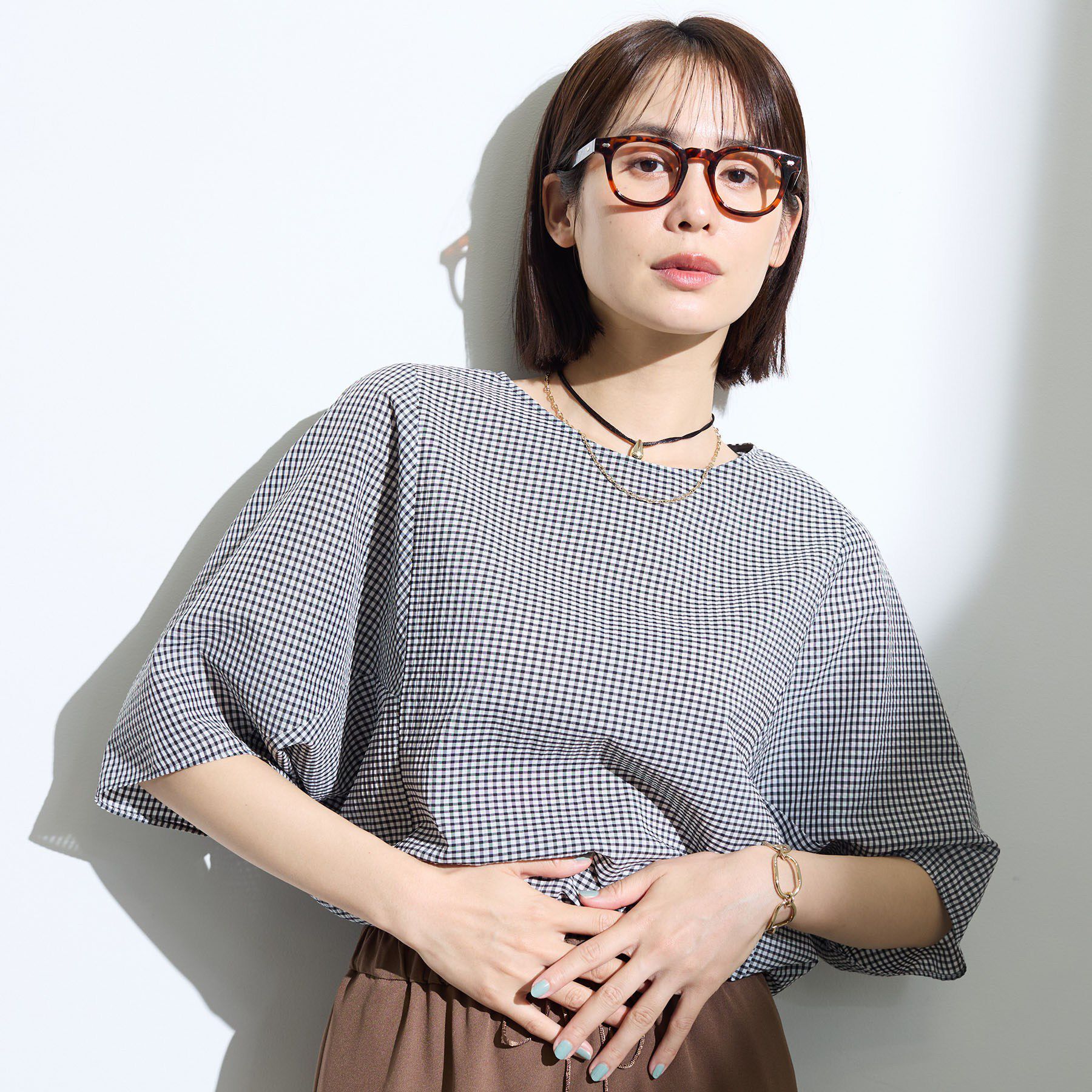 INDIVI「【体型カバー】サッカーチェックドルマントップス」|Tシャツ・カットソー|ブラック(219)