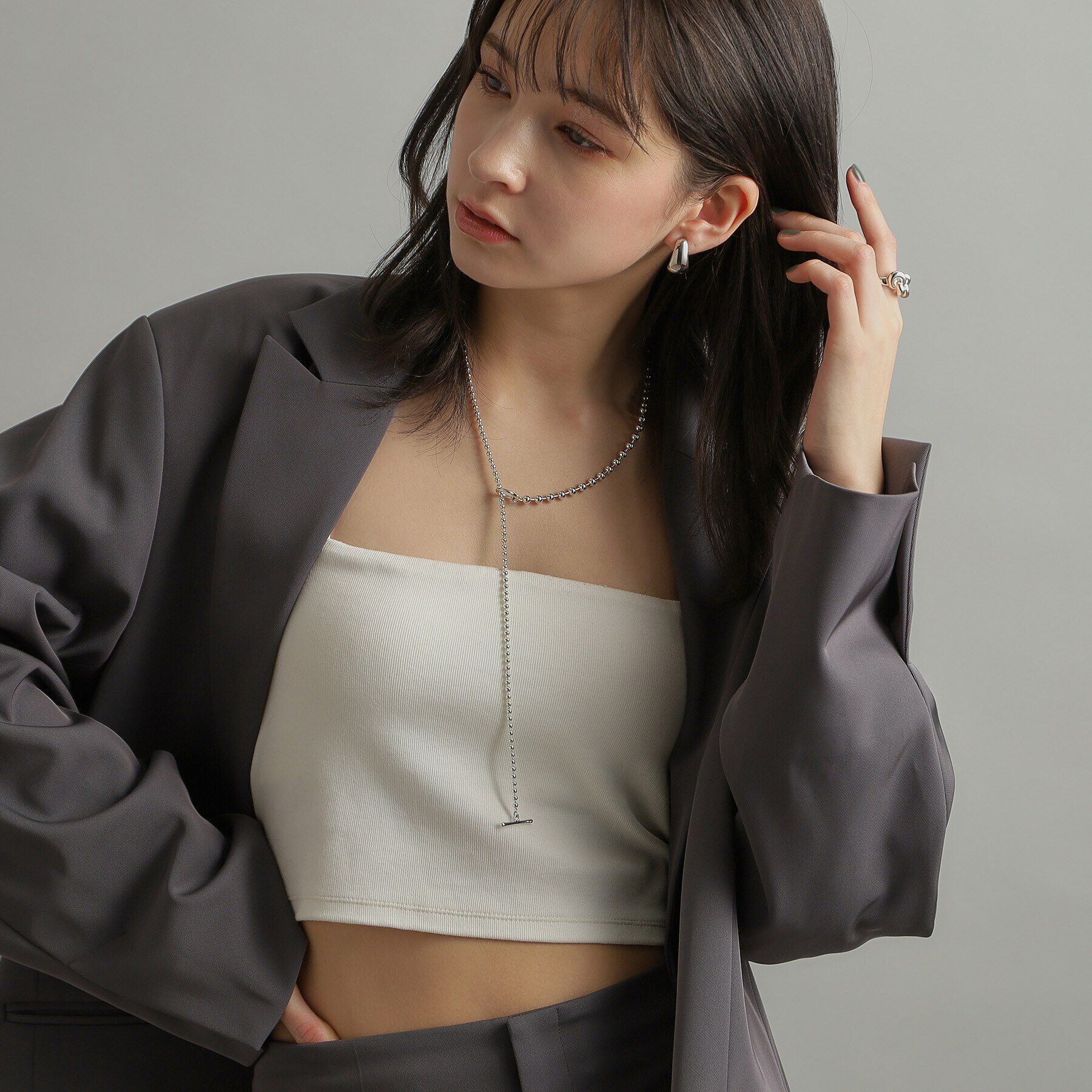 COCOSHNIK ONKITSCH「シルバー ミックスネックレス ボールチェーンマンテル」|ネックレス|