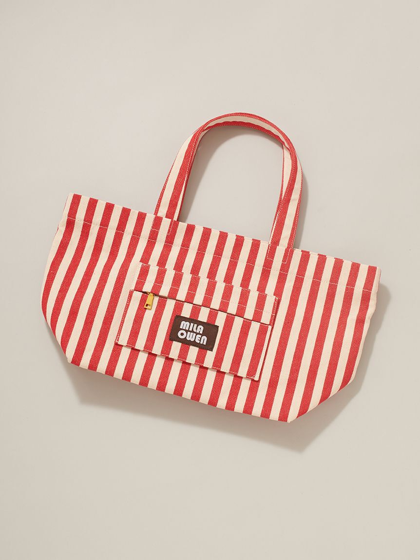 Mila Owen「【防汚加工】ストライプラージキャンバストートバッグ」|トートバッグ|RED