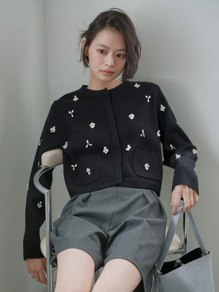 FRAY I.D「【ウォッシャブル】ビジューニットジャケット」|ノーカラージャケット|BLK