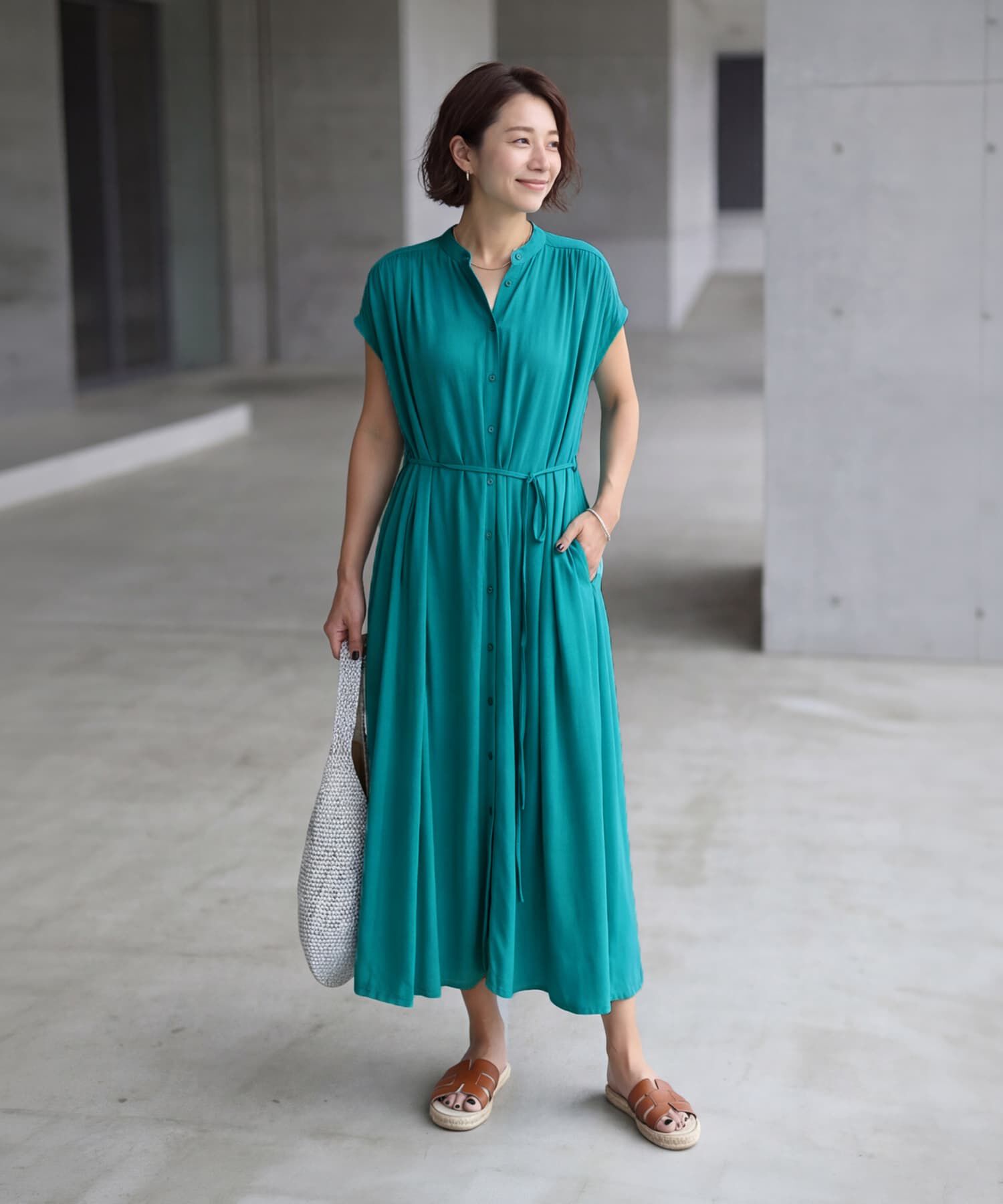 STYLE DELI「レーヨンバンドカラードレープワンピース」|ワンピース|ターコイズ
