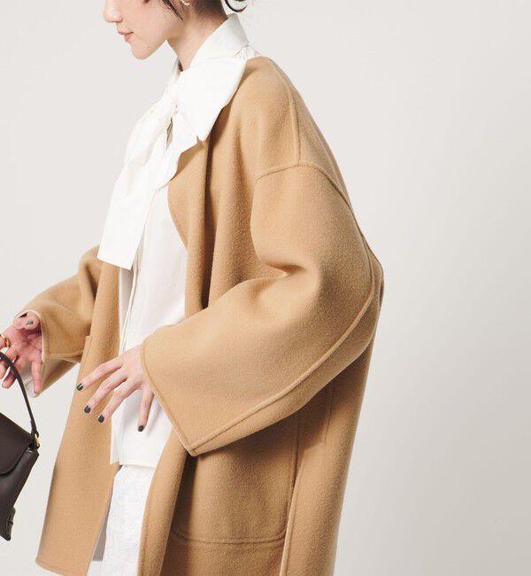 UNITED ARROWS「バイカラー リバー ミドルコート」|ノーカラーコート|