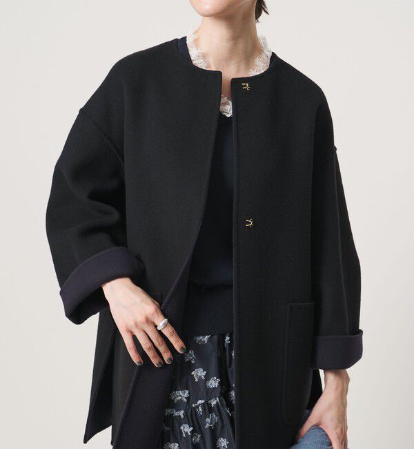 UNITED ARROWS「バイカラー リバー ミドルコート」|ノーカラーコート|