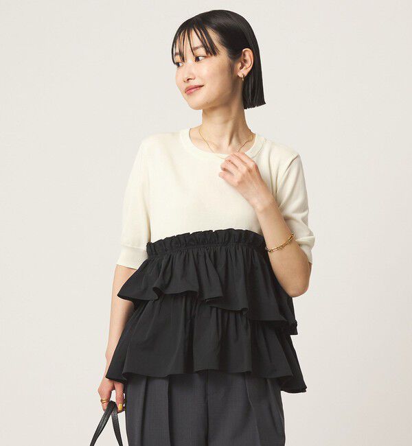 UNITED ARROWS green label relaxing「ティアード ドッキング 5分袖 プルオーバー ニット」|ニット・セーター|
