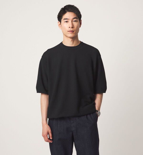 UNITED ARROWS green label relaxing「ガーター ドローコード 半袖 クルーネック ニット -ウォッシャブル・UVカット・遮熱-」|Tシャツ・カットソー|BLACK