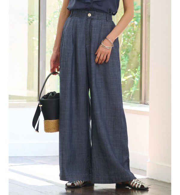 自由区「【洗える・XSサイズあり】テンセルリネンデニムワイド パンツ」|その他|ネイビー系