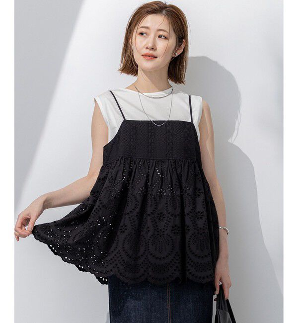23区「【洗える】コットンエンブロイダリー キャミソール」|シャツ・ブラウス|ブラック系