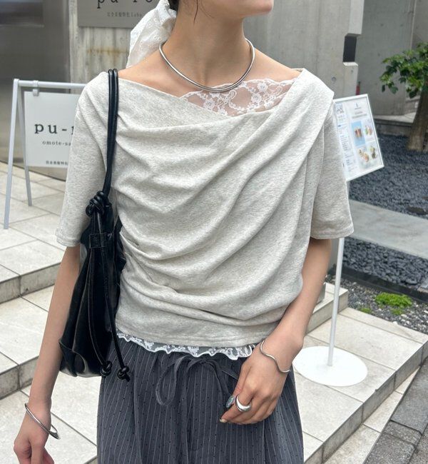  「レースドッキングオフショル半袖Tシャツ」|Tシャツ・カットソー|グレー