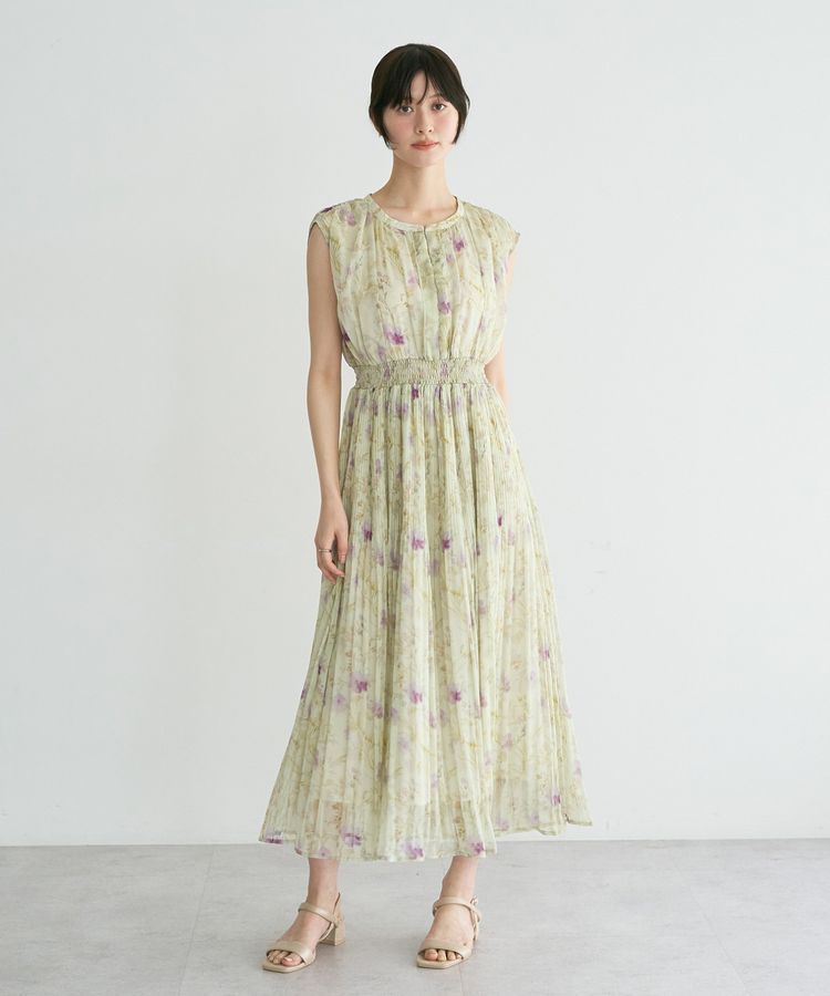 YECCA VECCA「シアー花柄プリーツワンピース」|ワンピース|Light Green
