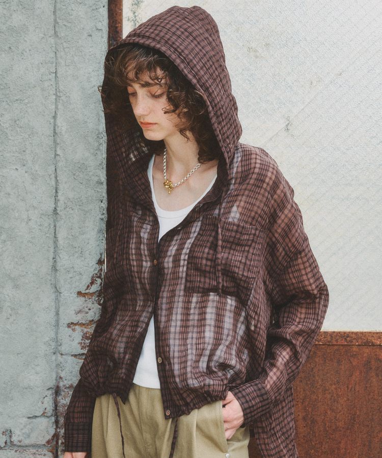 GARAGE OF GOOD CLOTHING「シアーチェックフード付きブラウス」|シャツ・ブラウス|Brown
