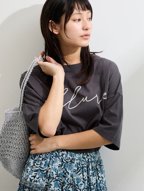 Samansa Mos2「バイオ加工ロゴプリントワイドTシャツ」|Tシャツ・カットソー|チャコールグレー