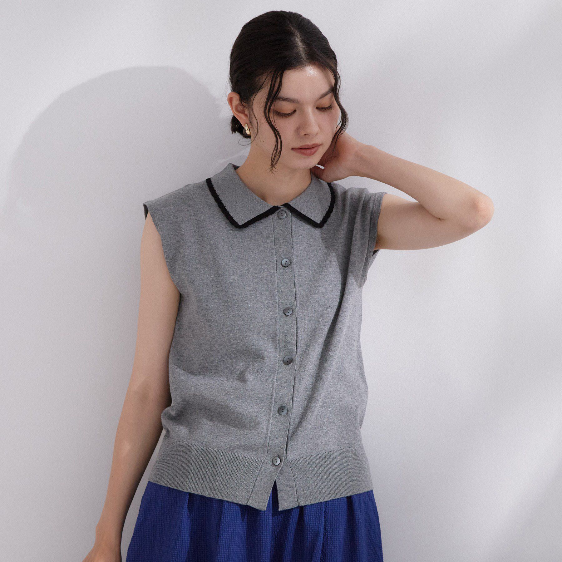 OPAQUE.CLIP「配色衿フレンチスリーブニット【洗濯機OK】」|ニット・セーター|