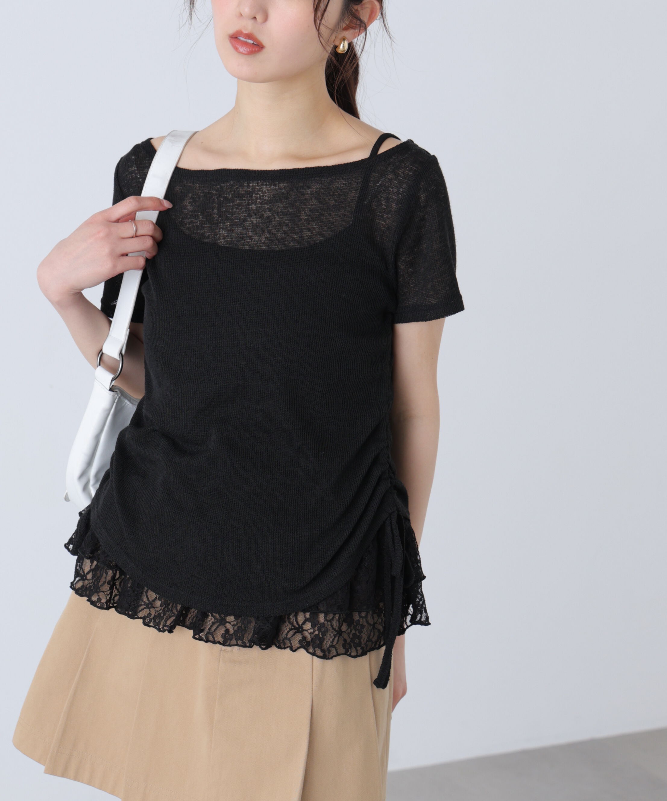  「メランジドロスト半袖レースティアードキャミセット」|Tシャツ・カットソー|