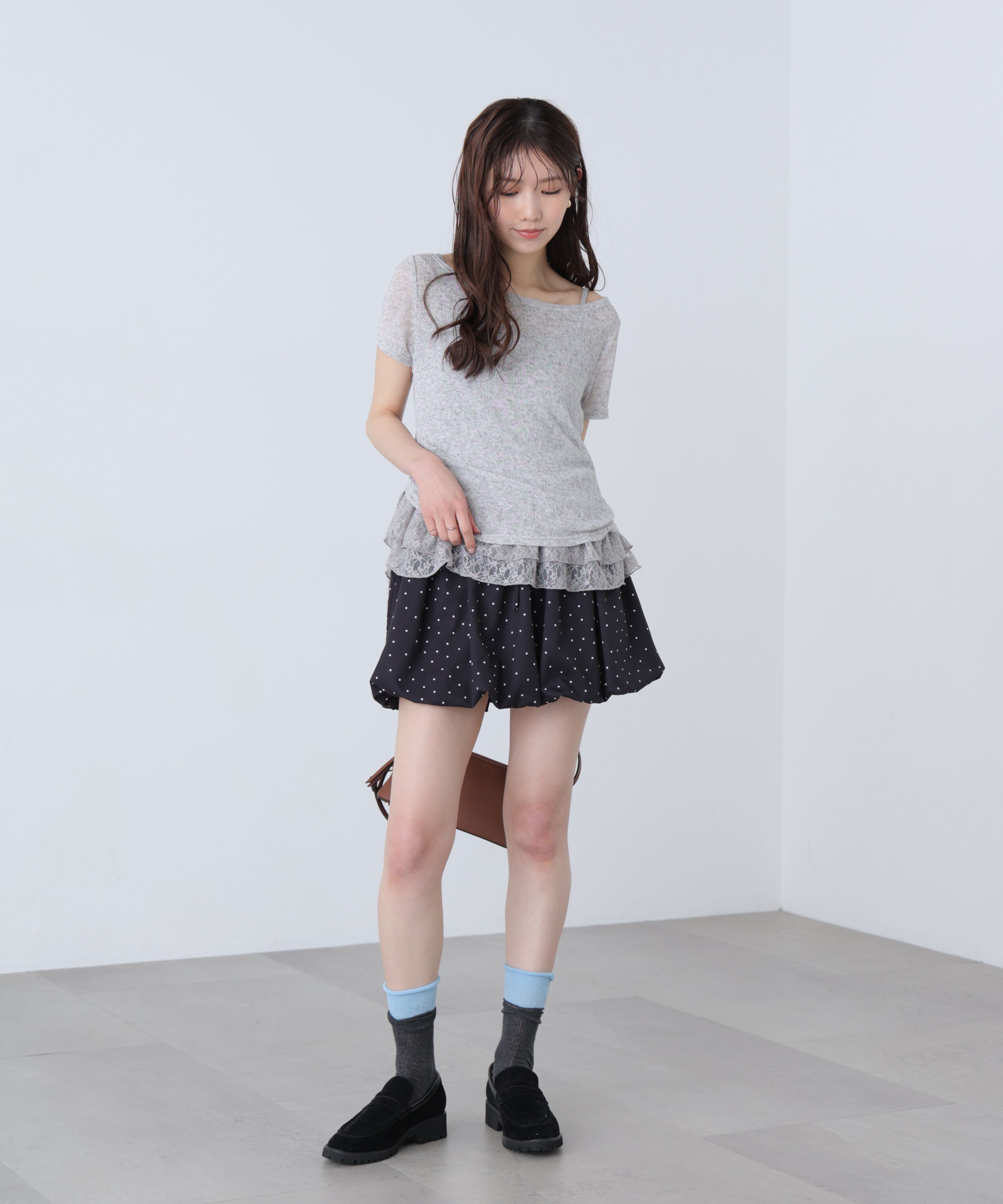  「メランジドロスト半袖レースティアードキャミセット」|Tシャツ・カットソー|