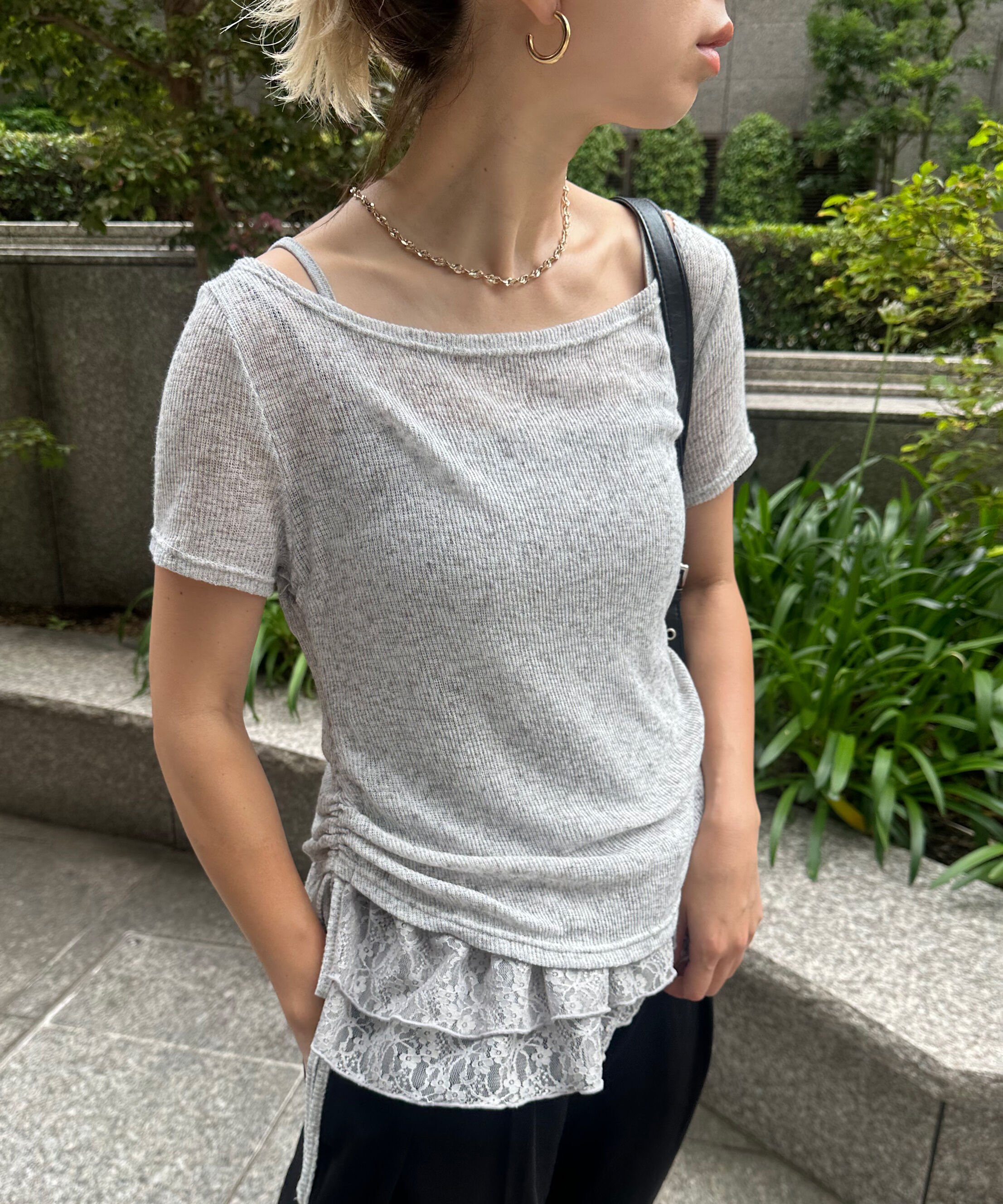  「メランジドロスト半袖レースティアードキャミセット」|Tシャツ・カットソー|