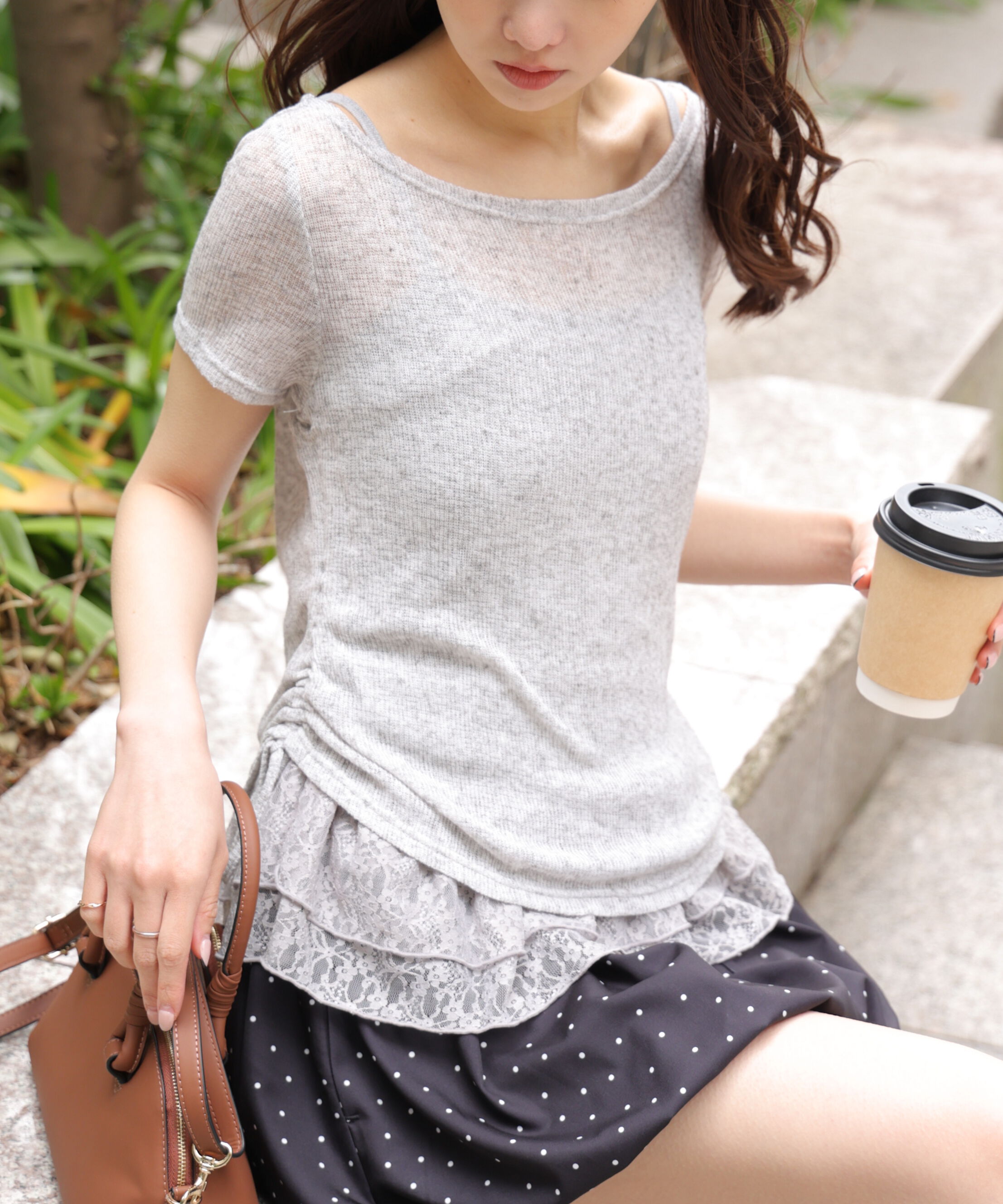 「メランジドロスト半袖レースティアードキャミセット」|Tシャツ・カットソー|