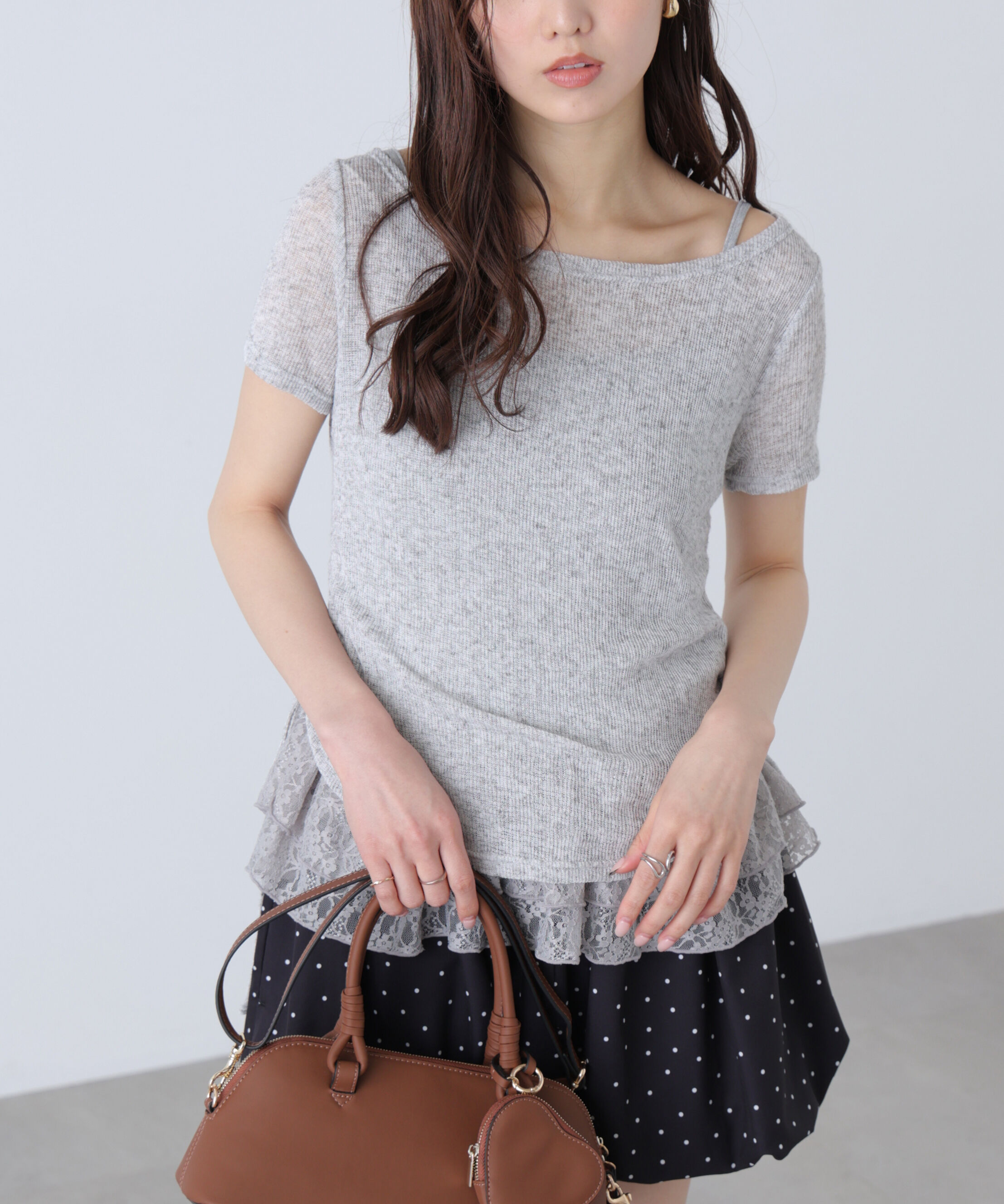  「メランジドロスト半袖レースティアードキャミセット」|Tシャツ・カットソー|