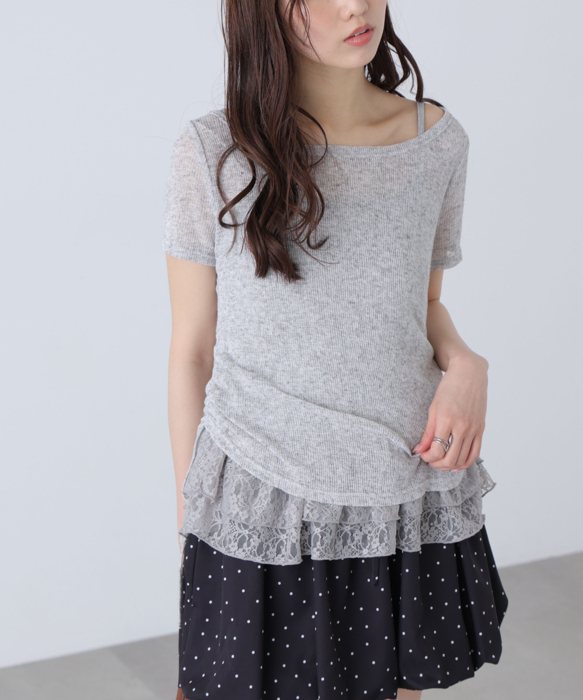  「メランジドロスト半袖レースティアードキャミセット」|Tシャツ・カットソー|