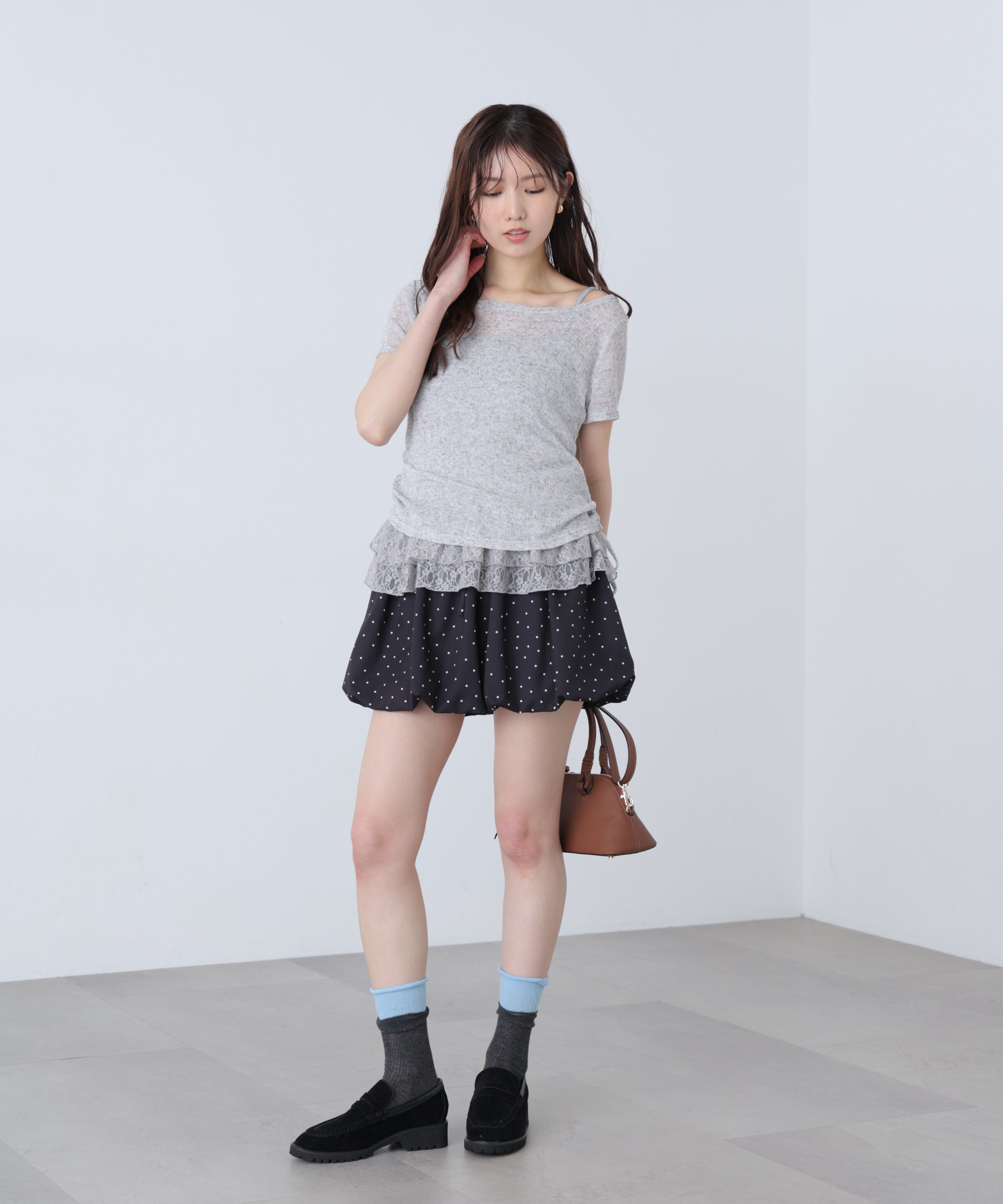  「メランジドロスト半袖レースティアードキャミセット」|Tシャツ・カットソー|