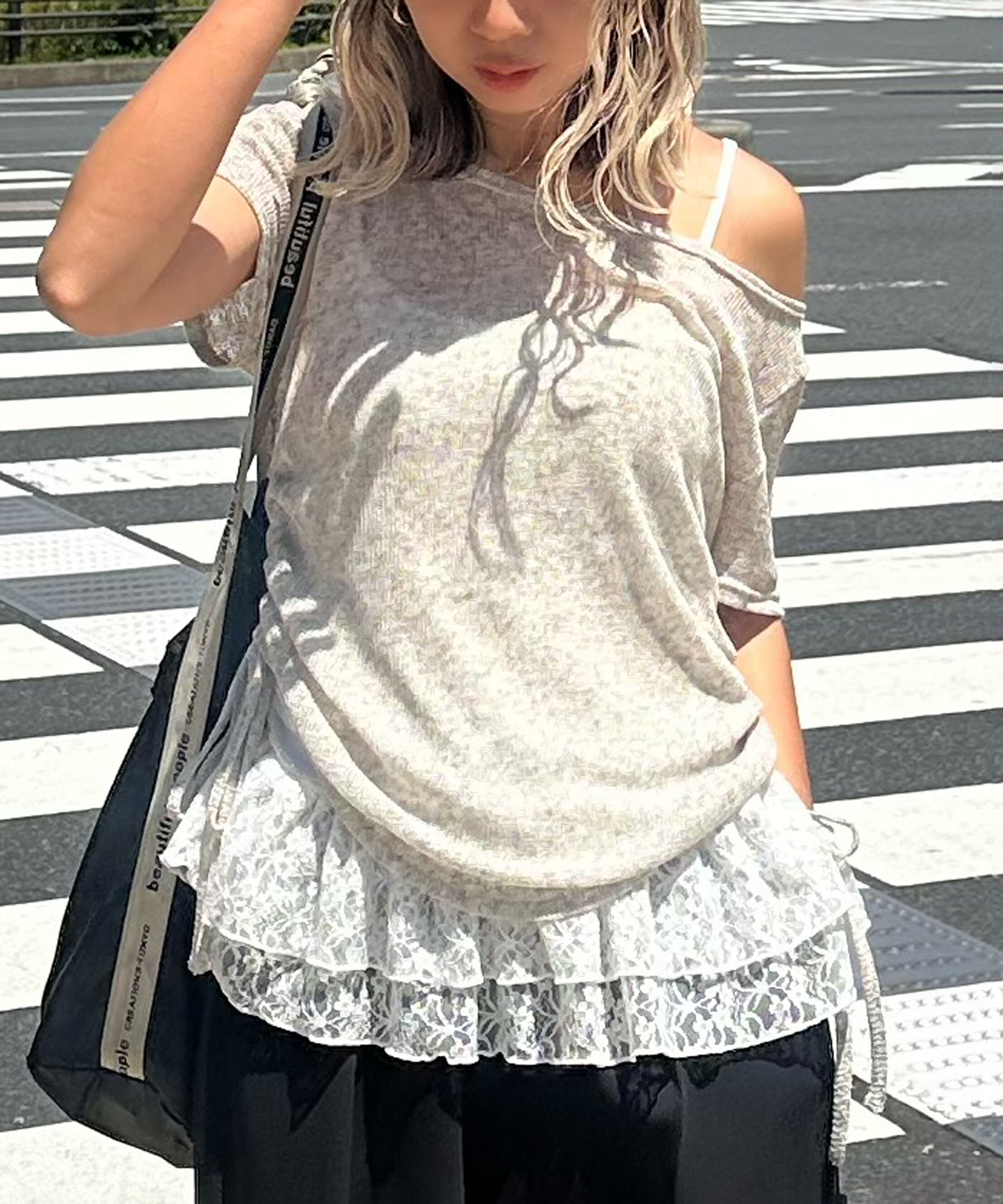  「メランジドロスト半袖レースティアードキャミセット」|Tシャツ・カットソー|