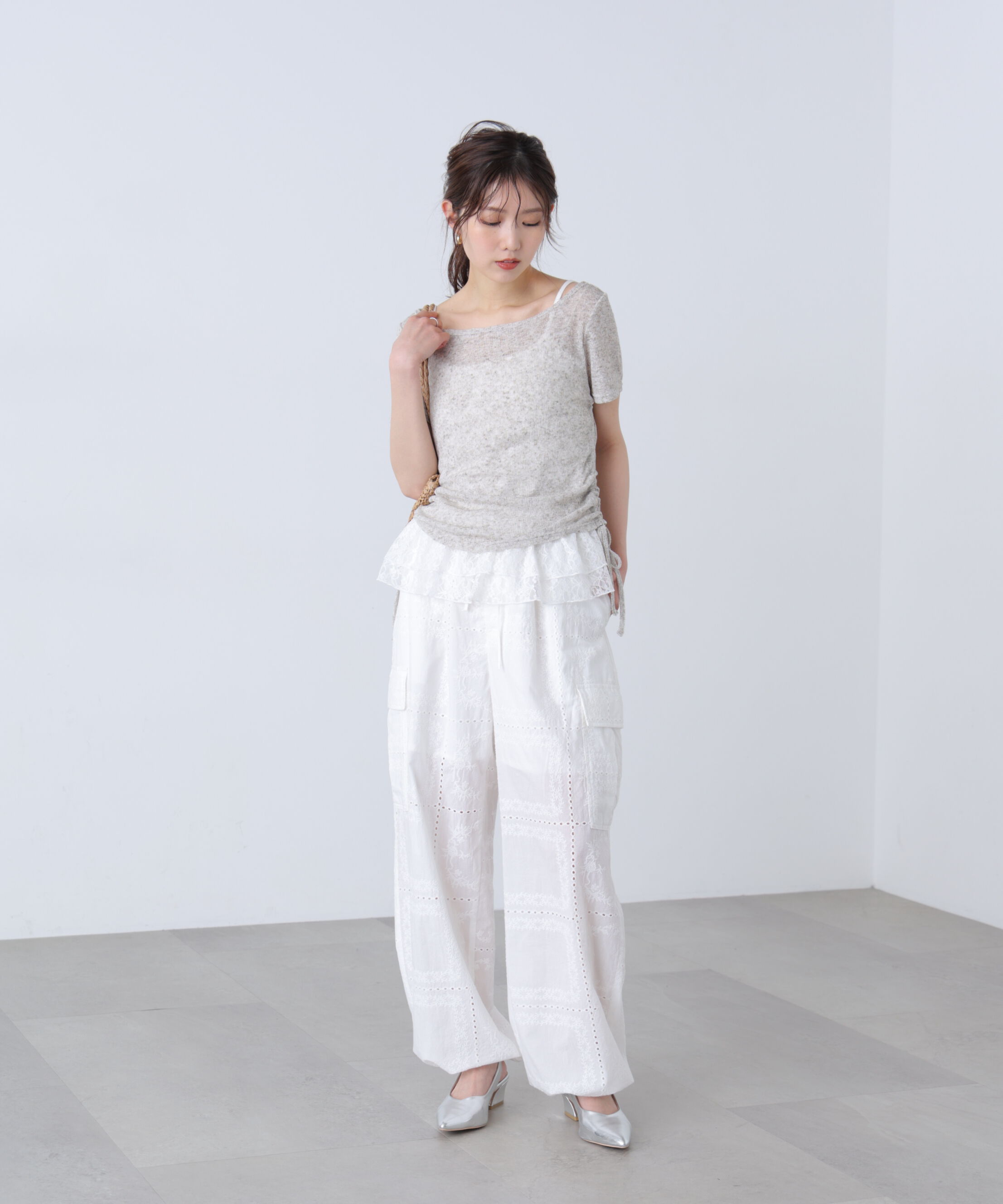  「メランジドロスト半袖レースティアードキャミセット」|Tシャツ・カットソー|