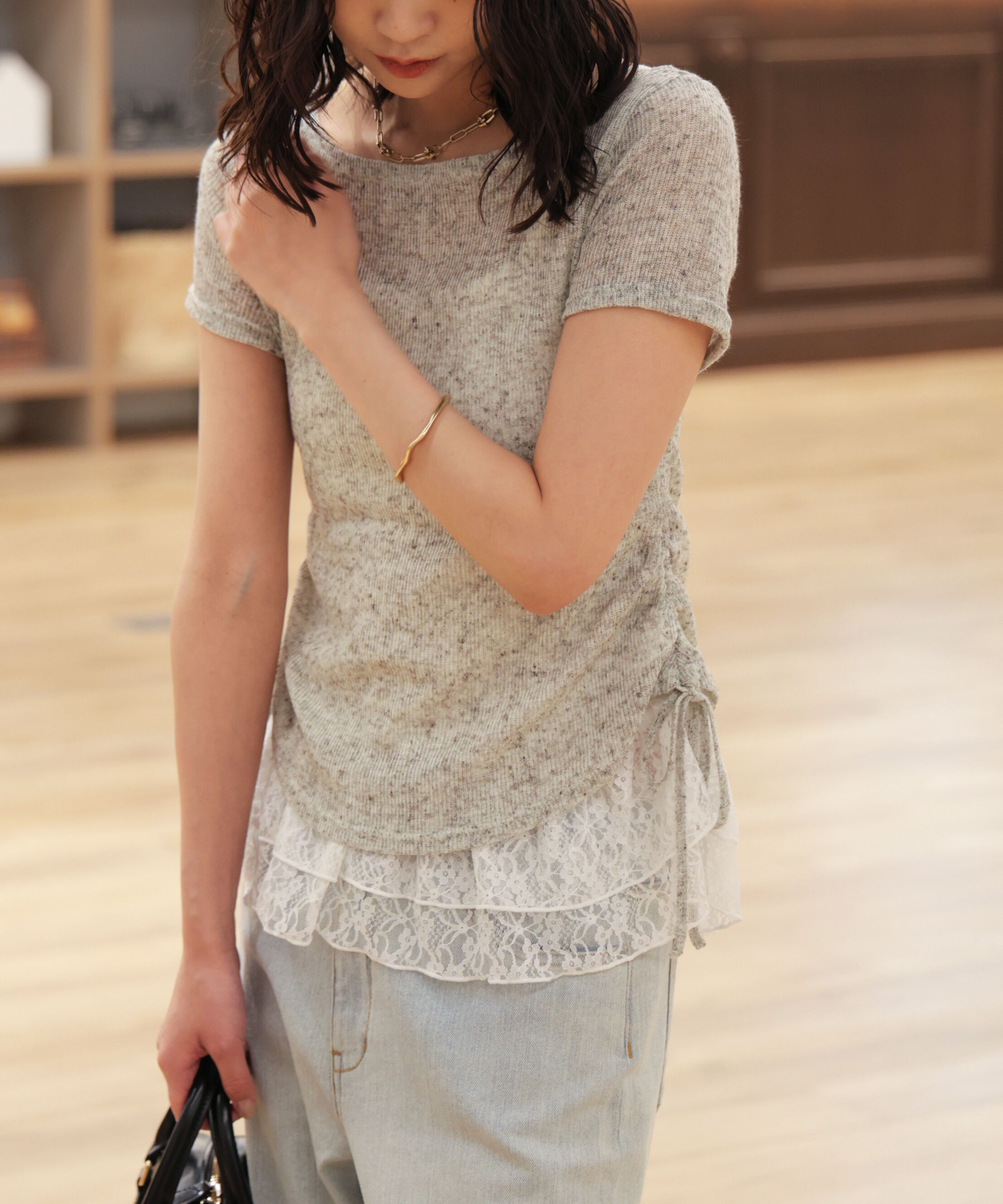  「メランジドロスト半袖レースティアードキャミセット」|Tシャツ・カットソー|