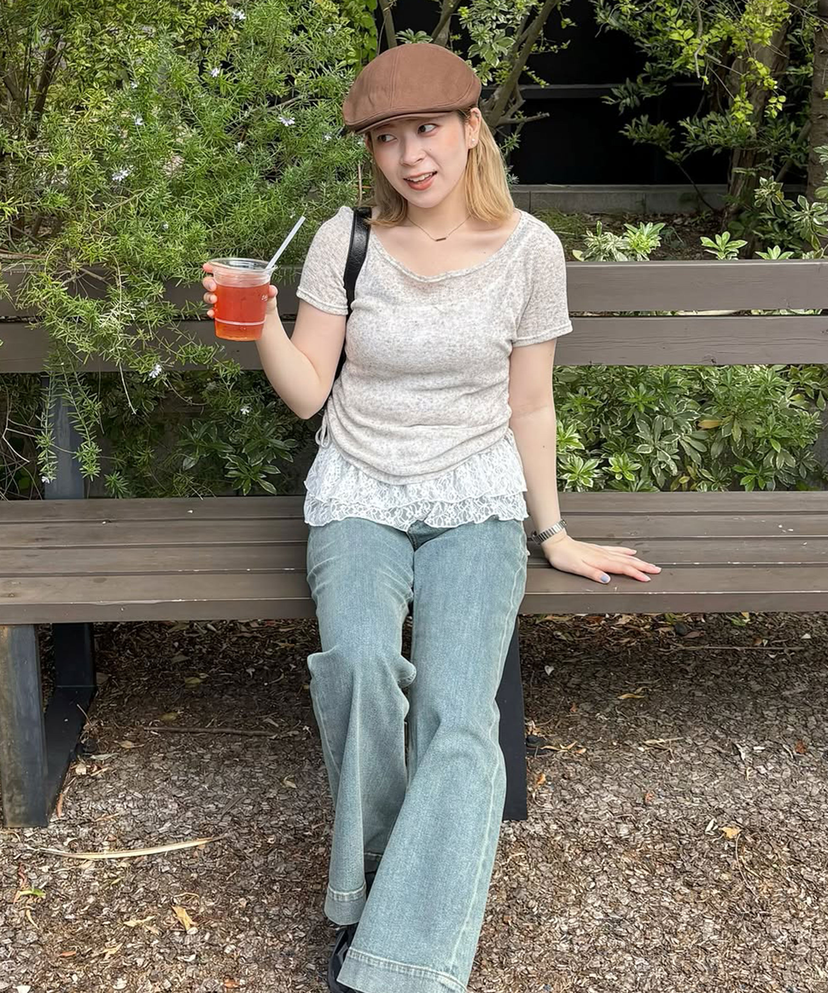  「メランジドロスト半袖レースティアードキャミセット」|Tシャツ・カットソー|