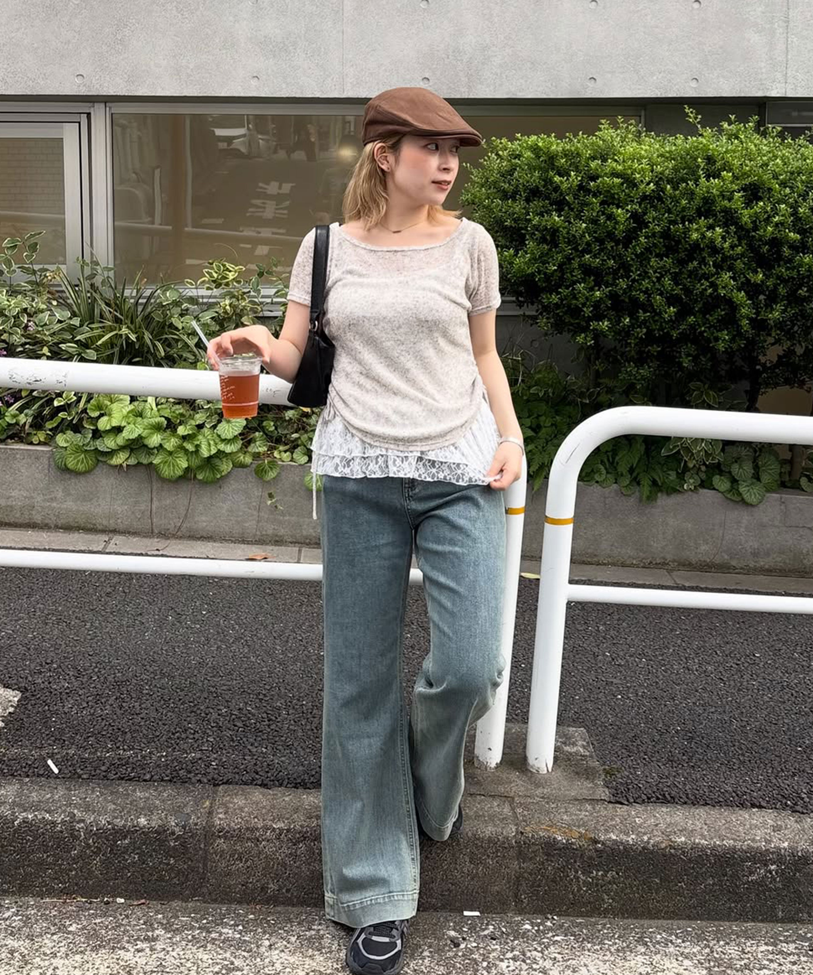  「メランジドロスト半袖レースティアードキャミセット」|Tシャツ・カットソー|