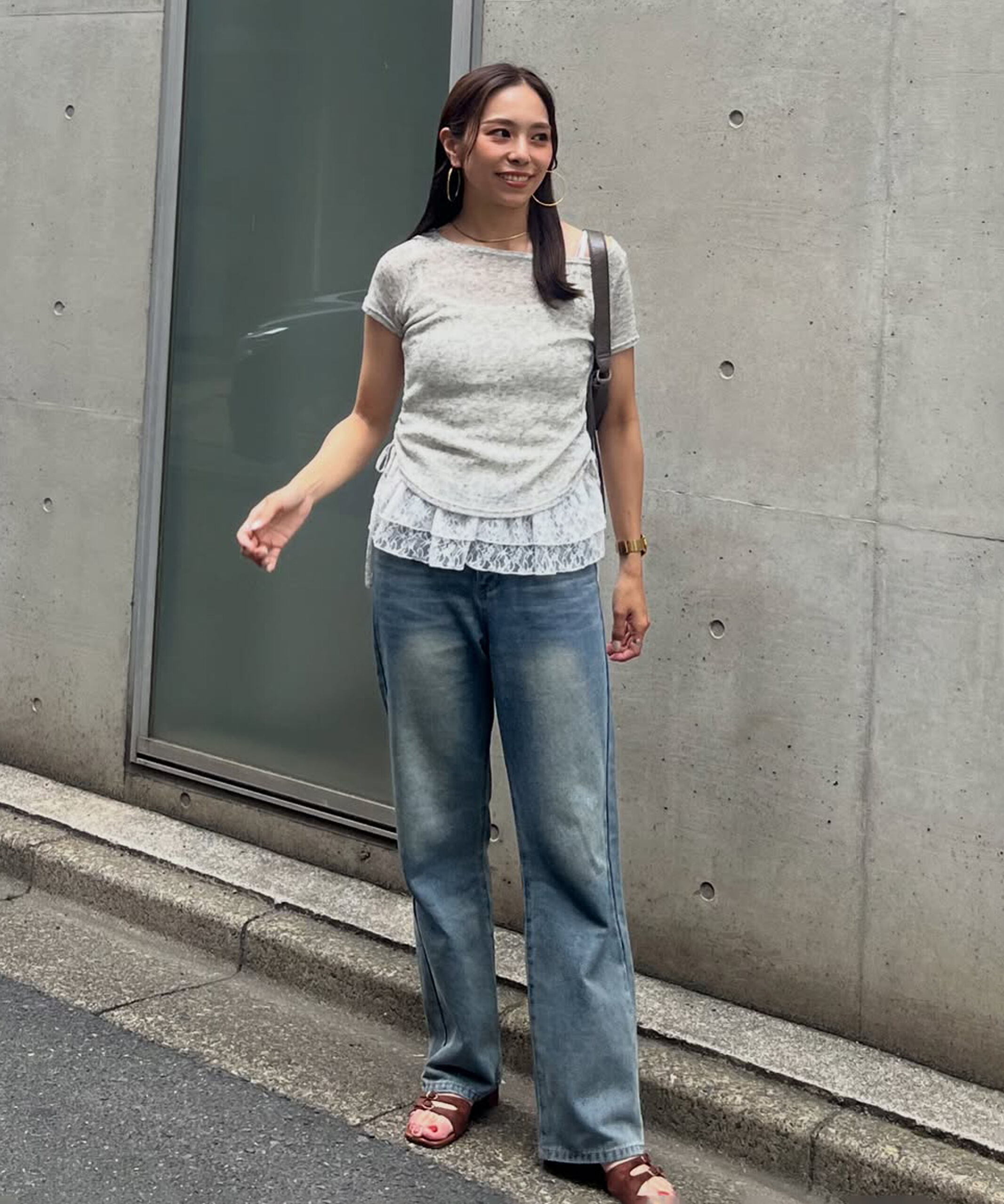  「メランジドロスト半袖レースティアードキャミセット」|Tシャツ・カットソー|