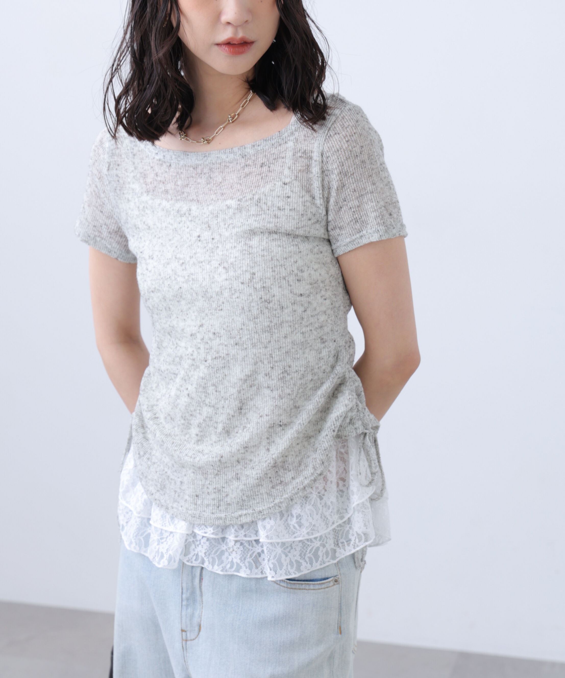  「メランジドロスト半袖レースティアードキャミセット」|Tシャツ・カットソー|