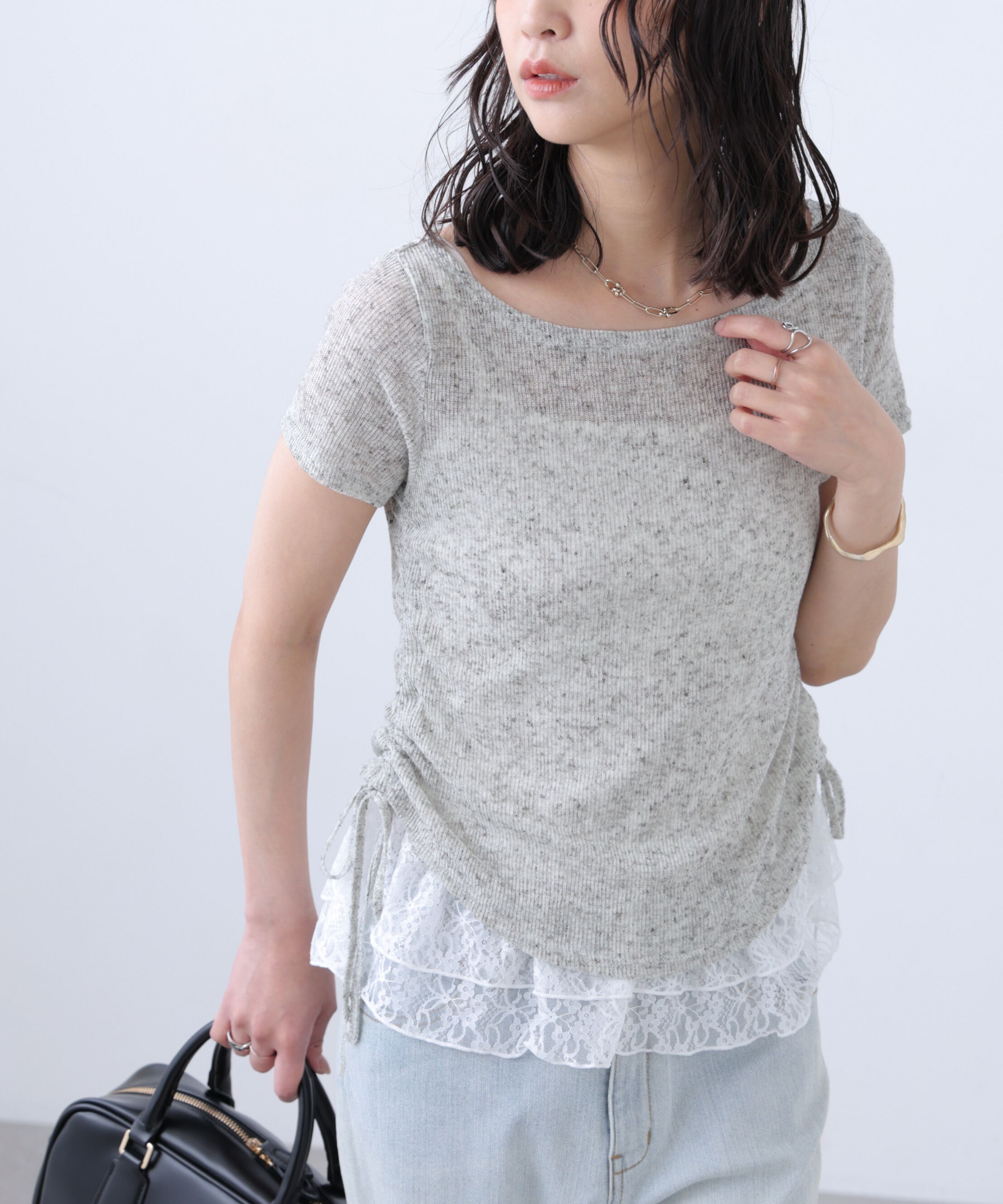  「メランジドロスト半袖レースティアードキャミセット」|Tシャツ・カットソー|