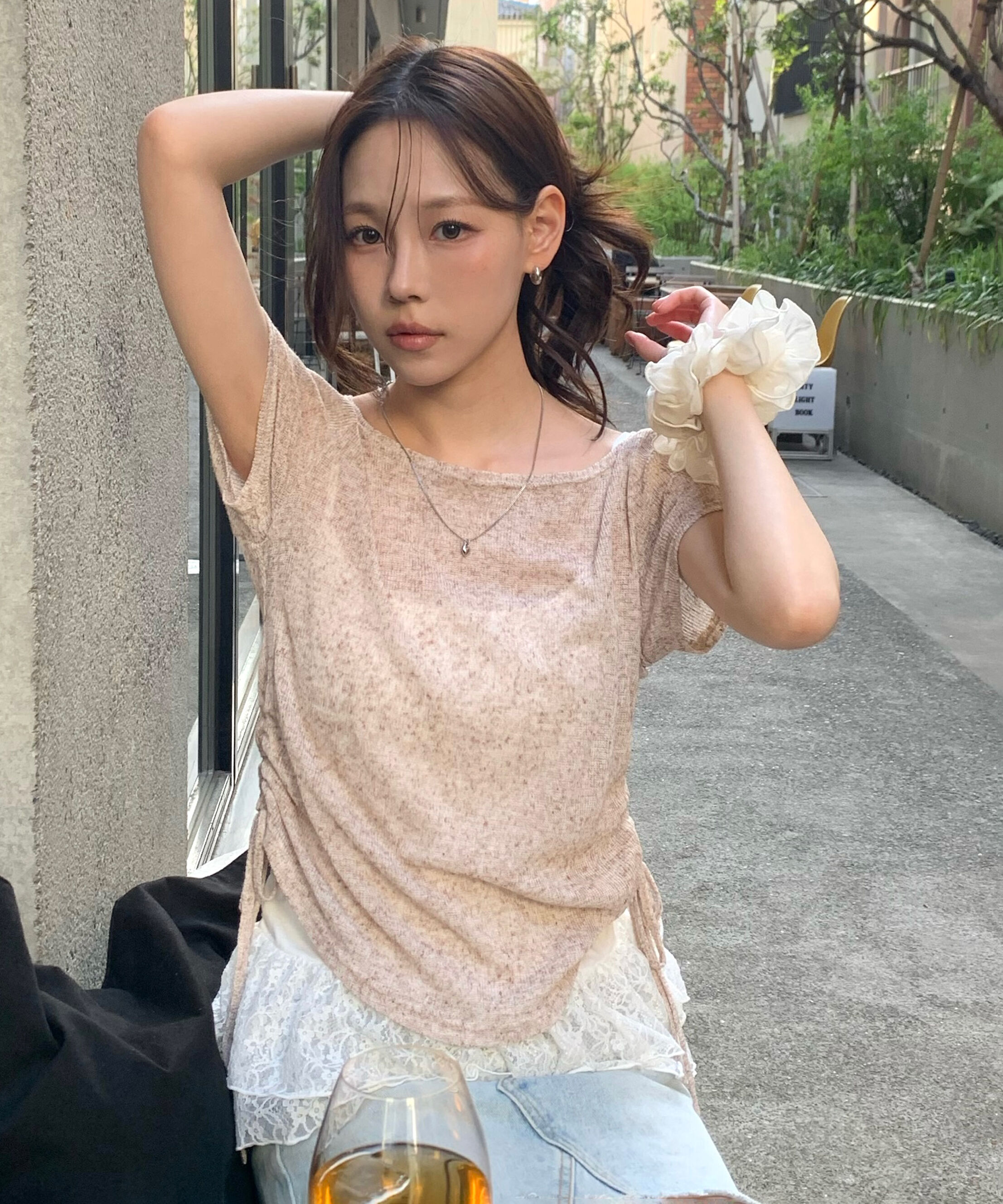  「メランジドロスト半袖レースティアードキャミセット」|Tシャツ・カットソー|