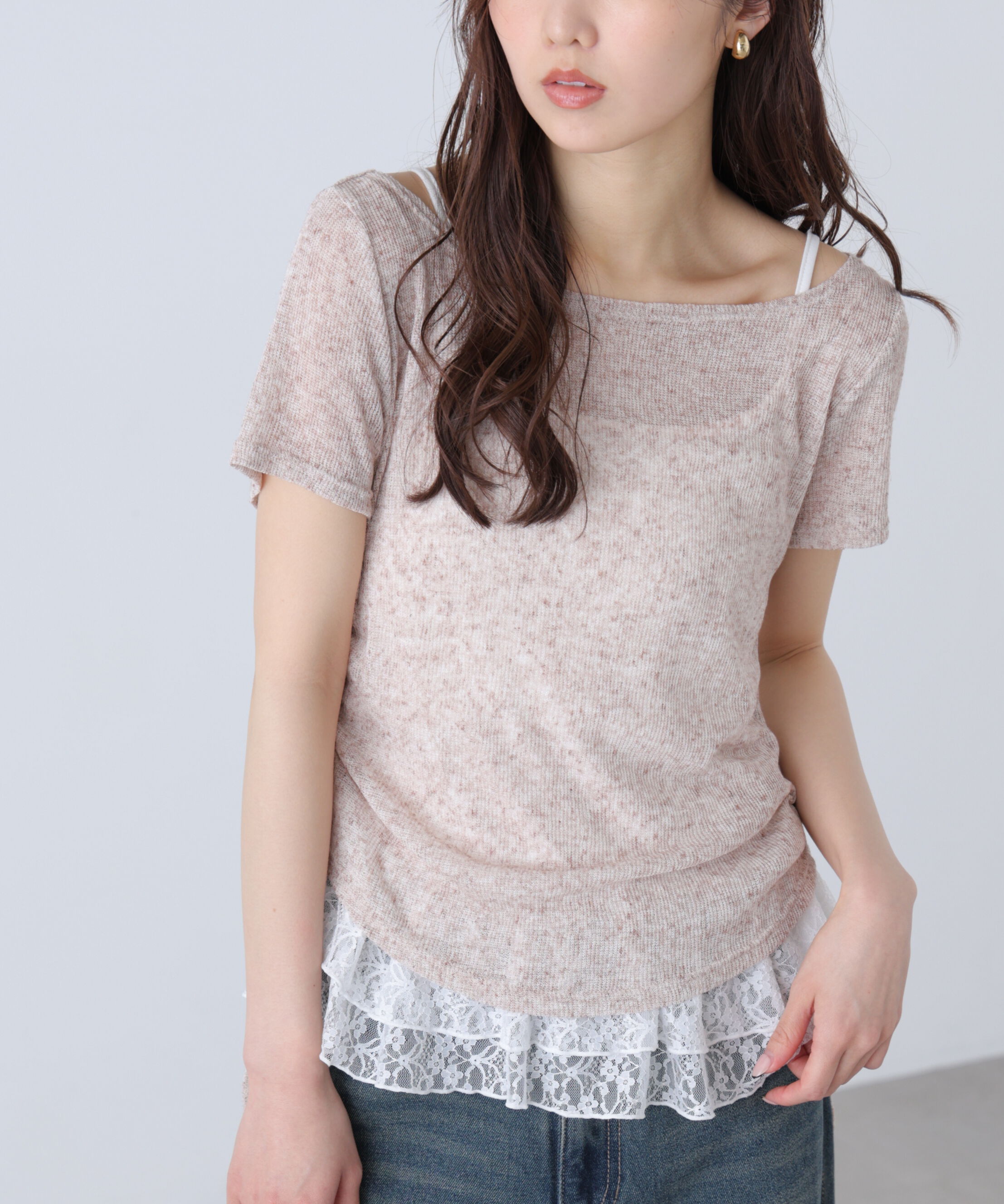  「メランジドロスト半袖レースティアードキャミセット」|Tシャツ・カットソー|
