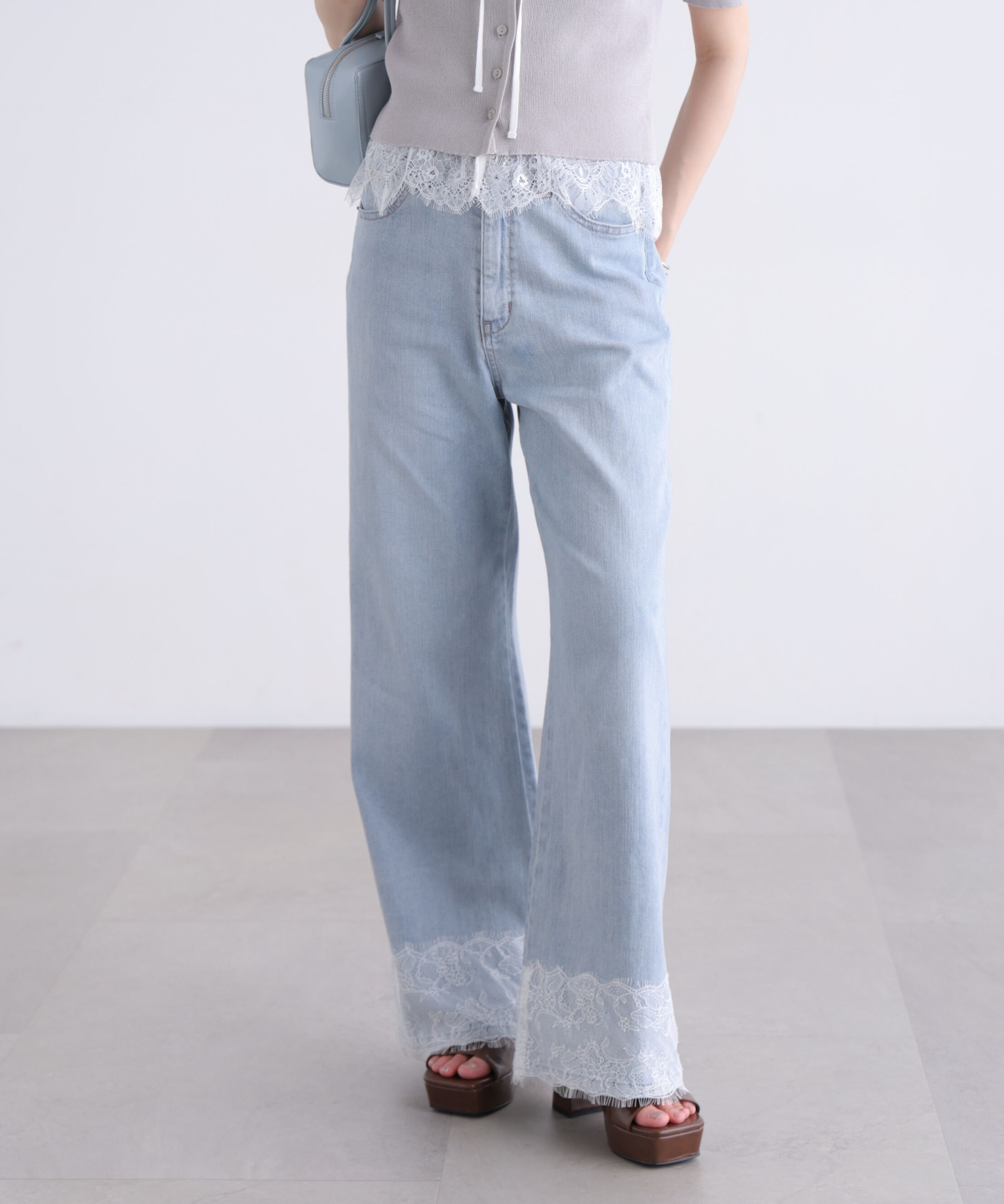  「[低身長サイズ/Sシリーズ]ベーシックワイド裾レースデニムパンツ」|その他|