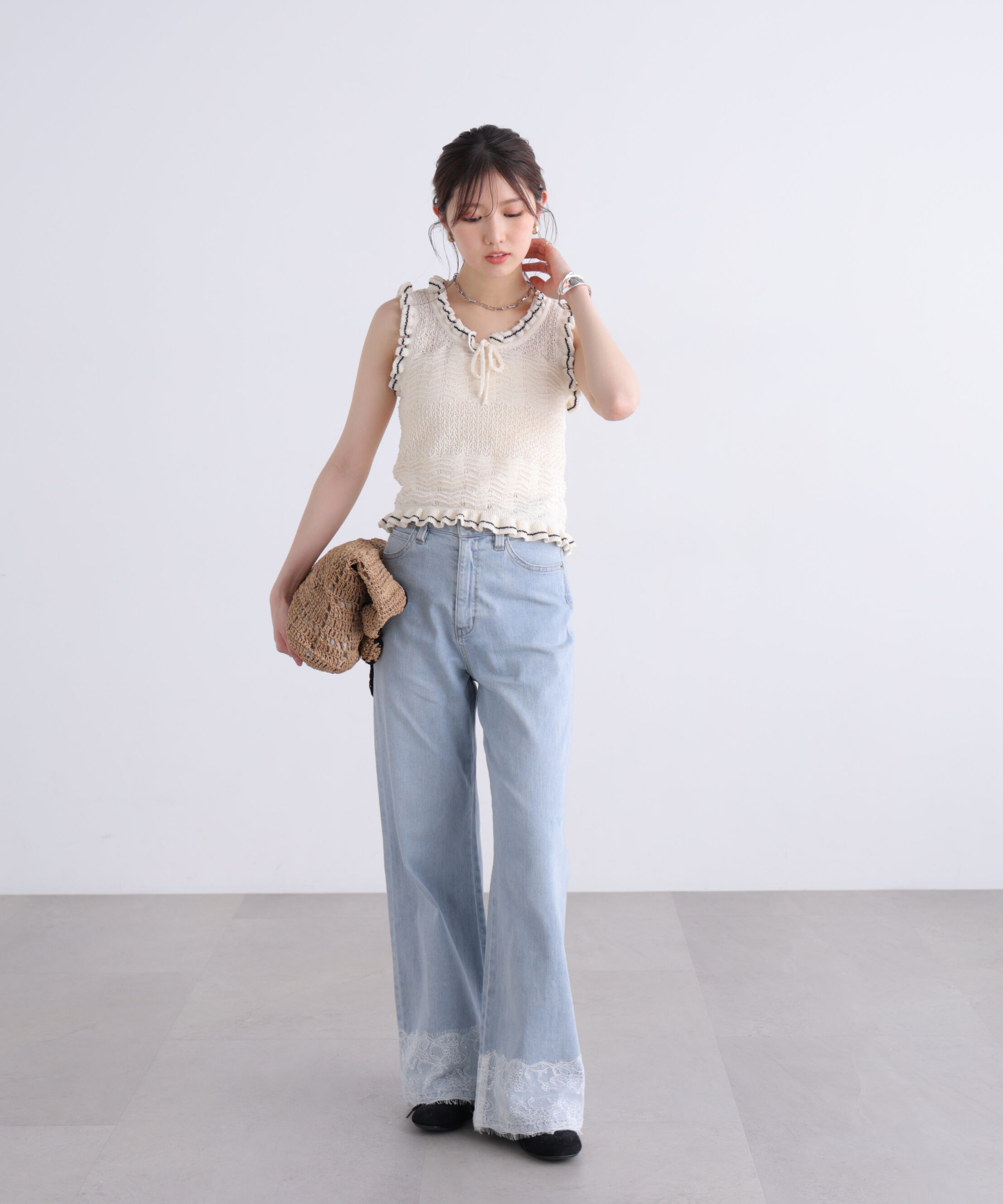  「[低身長サイズ/Sシリーズ]ベーシックワイド裾レースデニムパンツ」|その他|