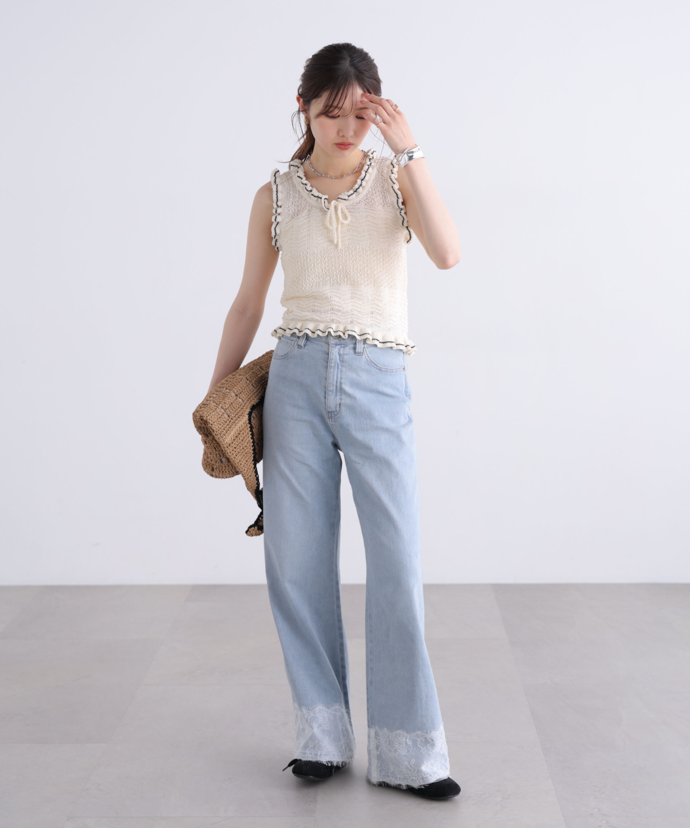  「[低身長サイズ/Sシリーズ]ベーシックワイド裾レースデニムパンツ」|その他|