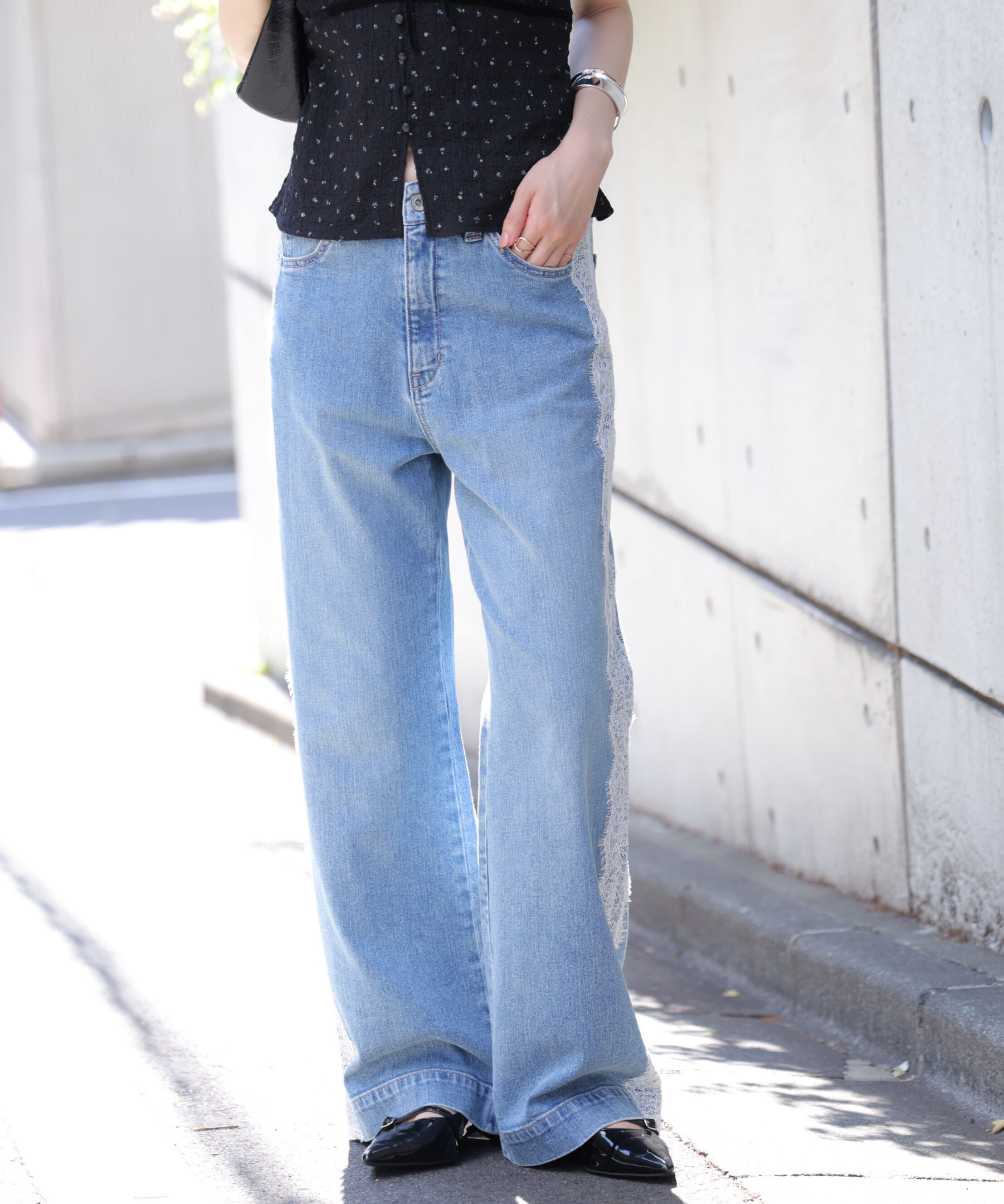  「[低身長サイズ/Sシリーズ]ベーシックワイドサイドレースデニムパンツ」|その他|