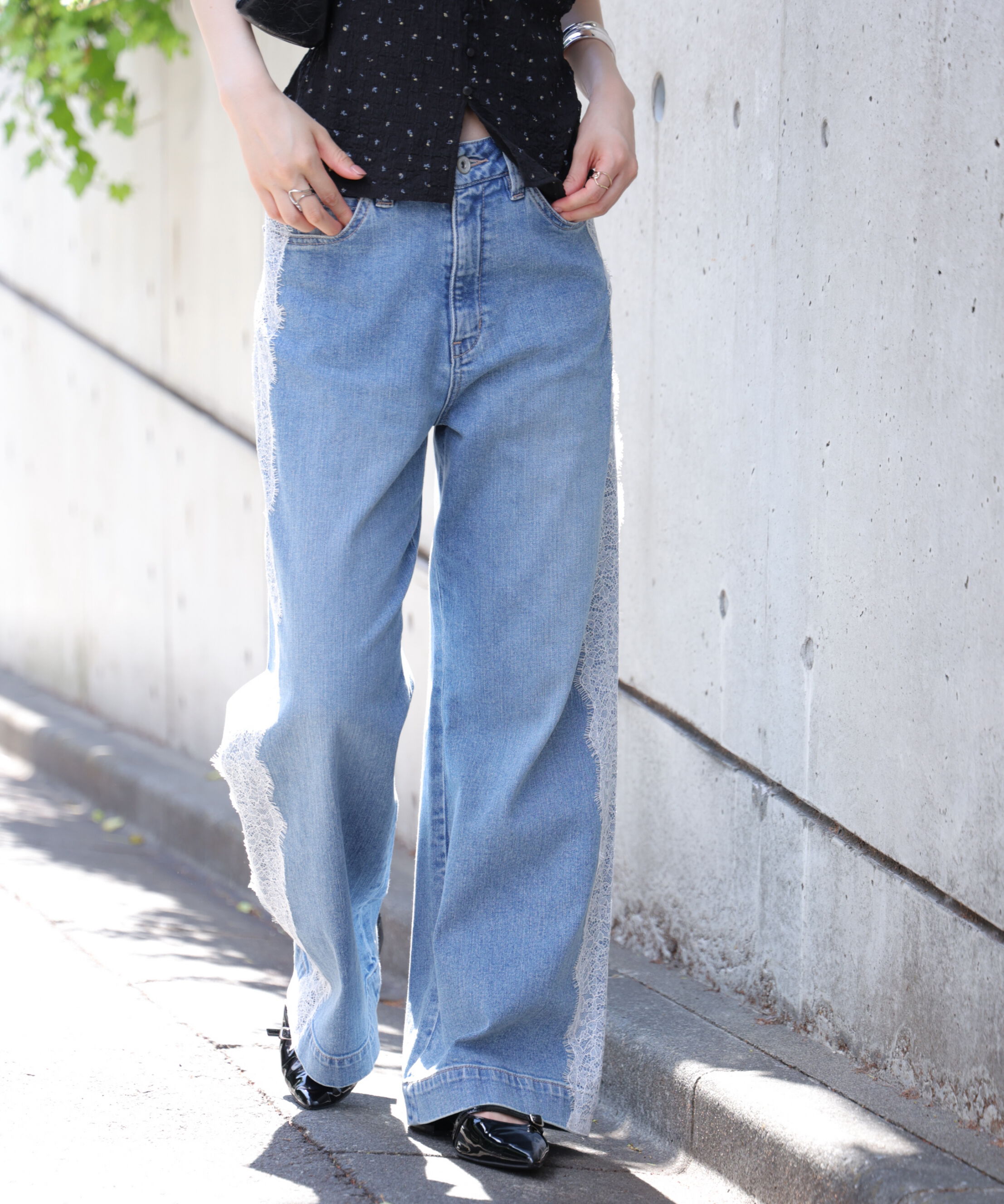  「[低身長サイズ/Sシリーズ]ベーシックワイドサイドレースデニムパンツ」|その他|