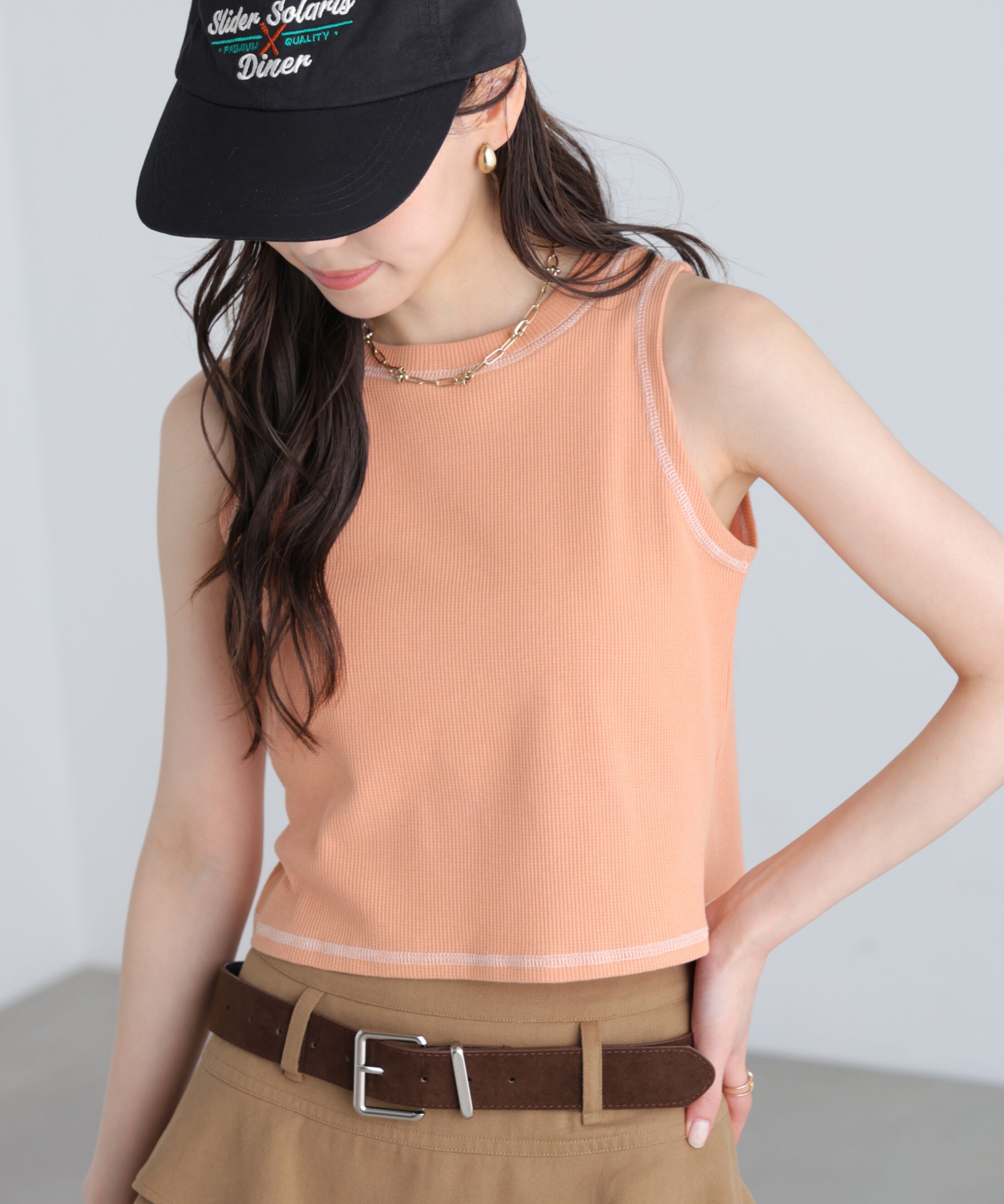 「ワッフルアメスリショート丈タンク」|Tシャツ・カットソー|ピンク