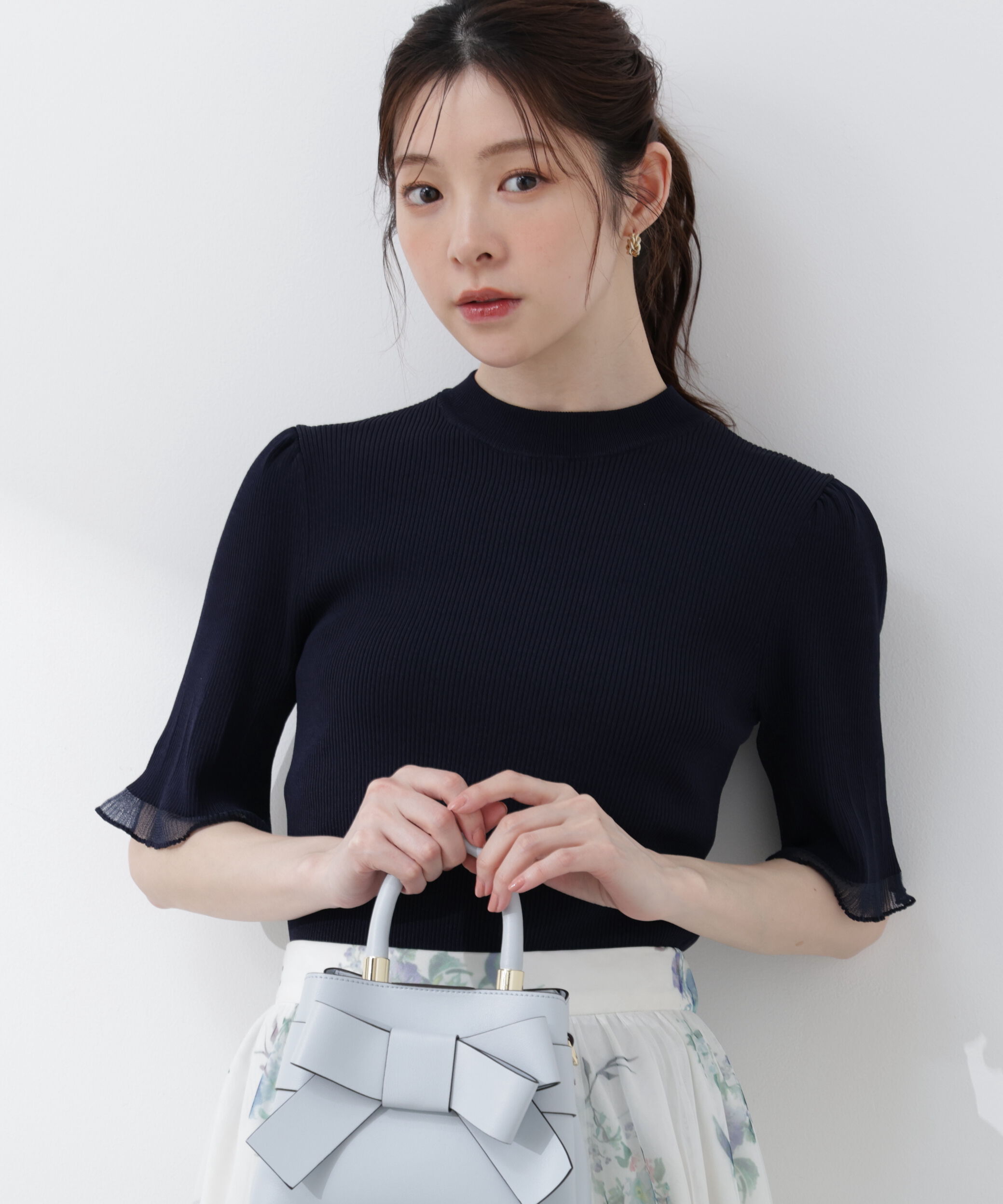 PROPORTION BODY DRESSING「部分シアー半袖ニット 26SS」|ニット・セーター|ネイビー