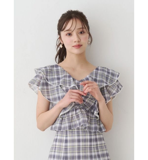 MERCURYDUO「チェックプリントダブルラッフルブラウス」|シャツ・ブラウス|ネイビー