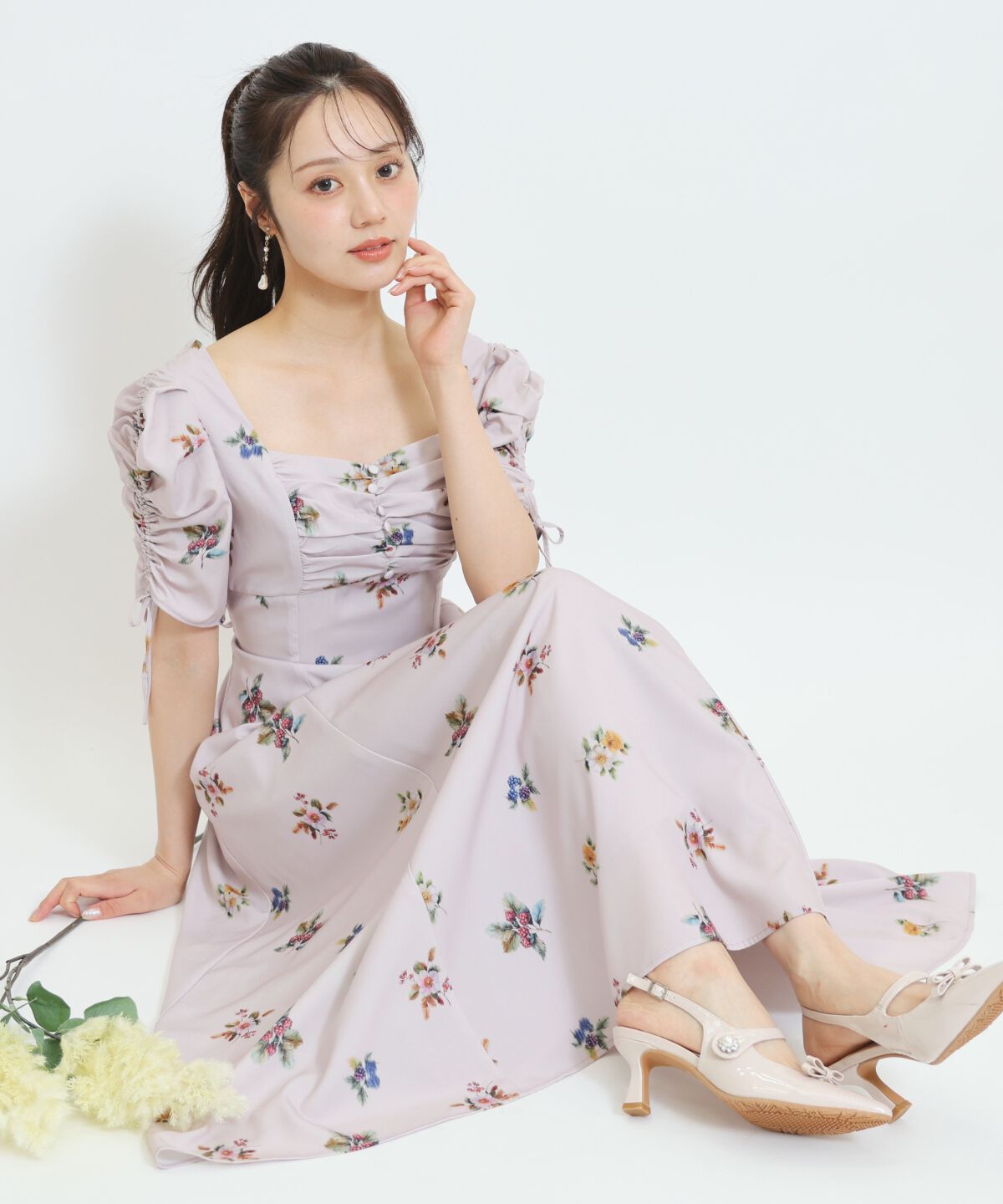 WILLSELECTION「フローラルベリープリントギャザースリーブワンピース」|ワンピース|