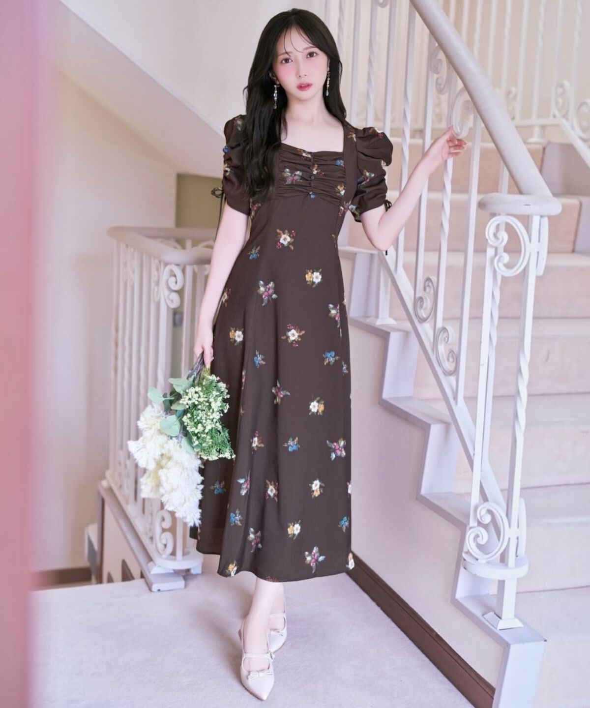 WILLSELECTION「フローラルベリープリントギャザースリーブワンピース」|ワンピース|
