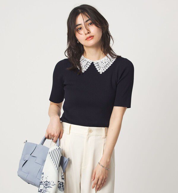 UNITED ARROWS green label relaxing「リブ エリレース 2WAY 5分袖 ニット プルオーバー」|ニット・セーター|