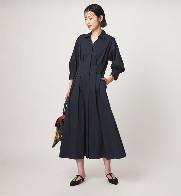 UNITED ARROWS green label relaxing「［size SHORTあり］シャツ襟 フィット＆フレア タック 5分袖 ワンピース」|ワンピース|NAVY