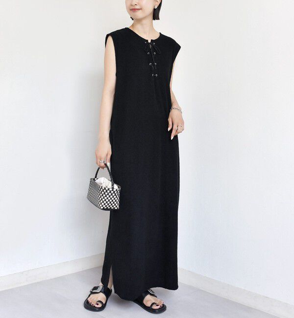 SHIPS for women「〈手洗い可能〉ランダム パイル レースアップ ワンピース」|ワンピース|ブラック
