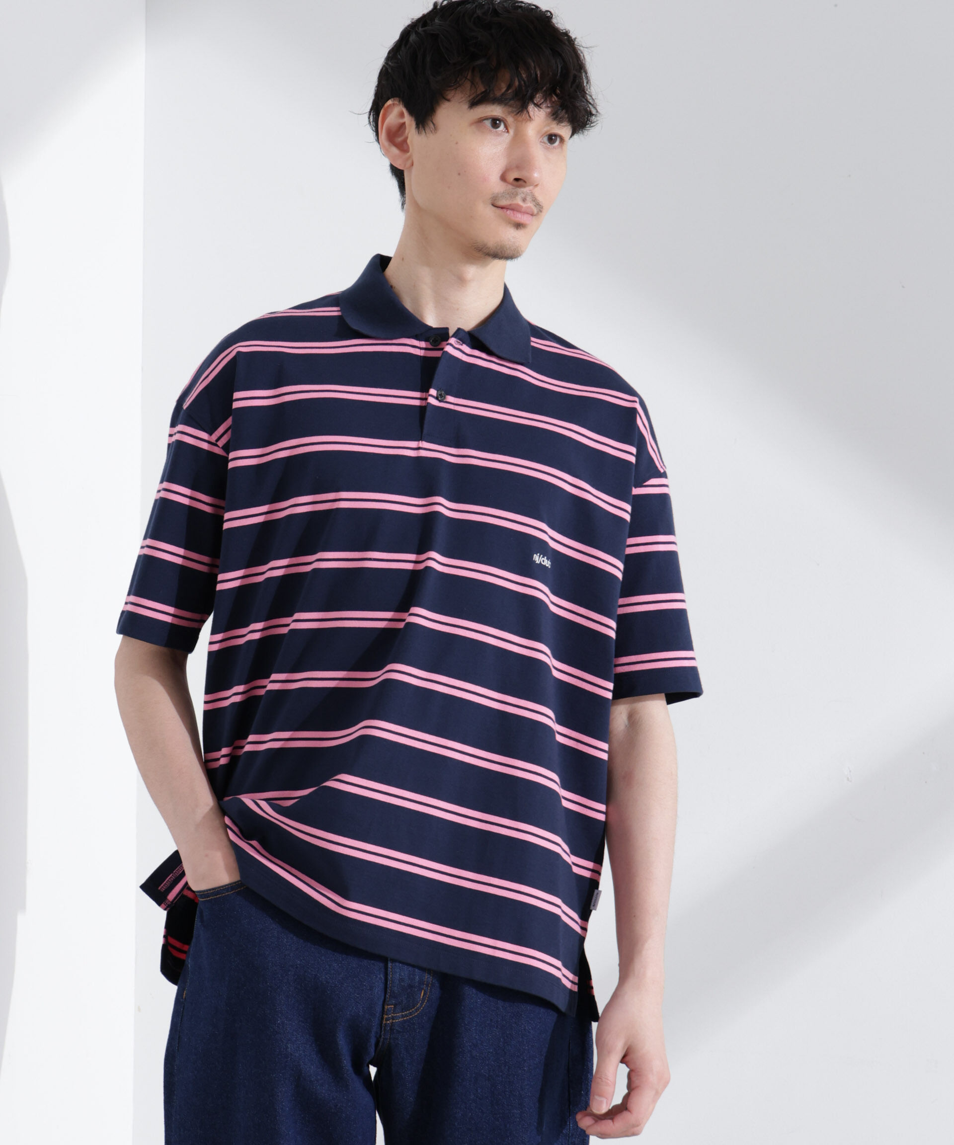 nano･universe「「NJ/CLUB」 オーバーサイズボーダーポロシャツ」|Tシャツ・カットソー|ネイビー