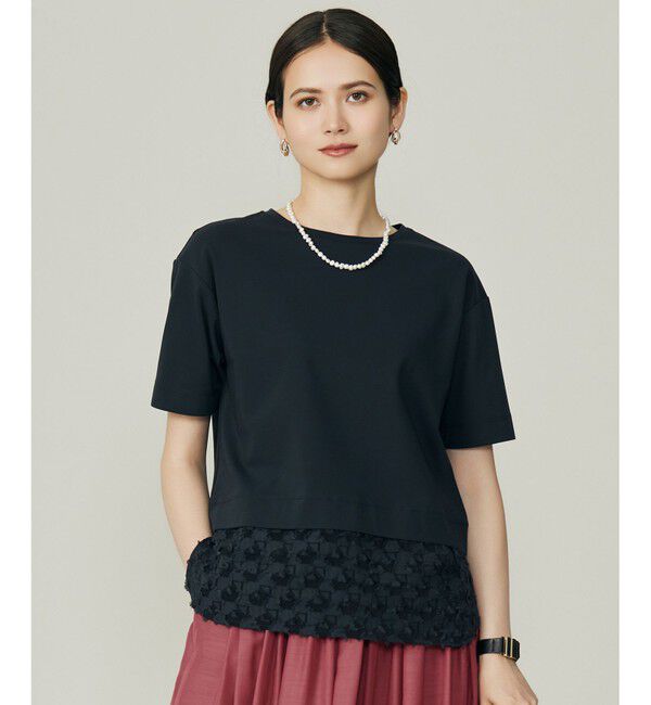 自由区「【カタログ掲載・着まわし力・異素材コンビ】ジャカードコンビジャージー カットソー」|Tシャツ・カットソー|ネイビー