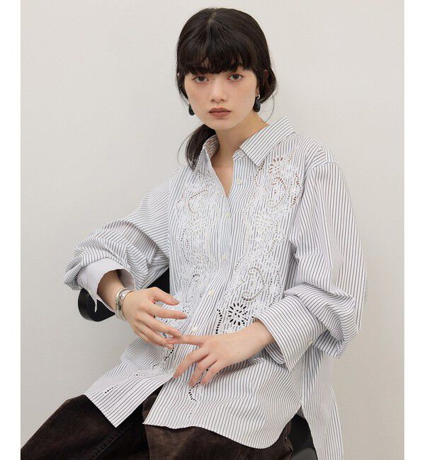 ADAM ET ROPE'「【WEB限定】ストライプ＆ソリッド エンブロイダリーシャツ」|シャツ・ブラウス|