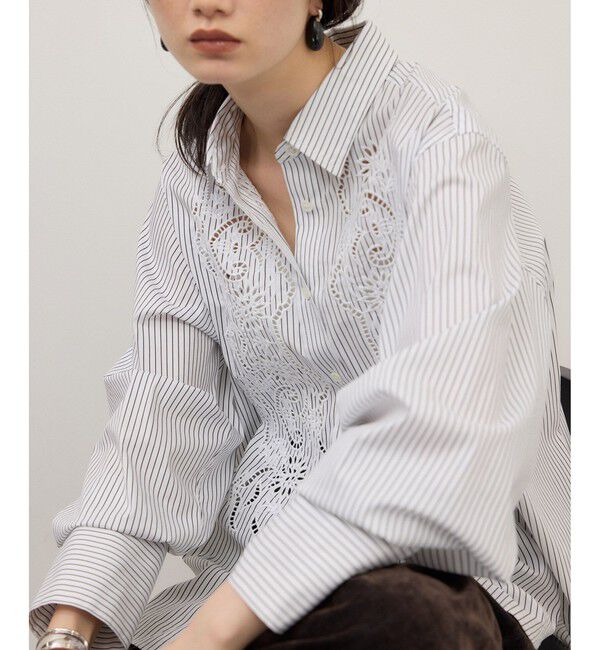 ADAM ET ROPE'「【WEB限定】ストライプ＆ソリッド エンブロイダリーシャツ」|シャツ・ブラウス|
